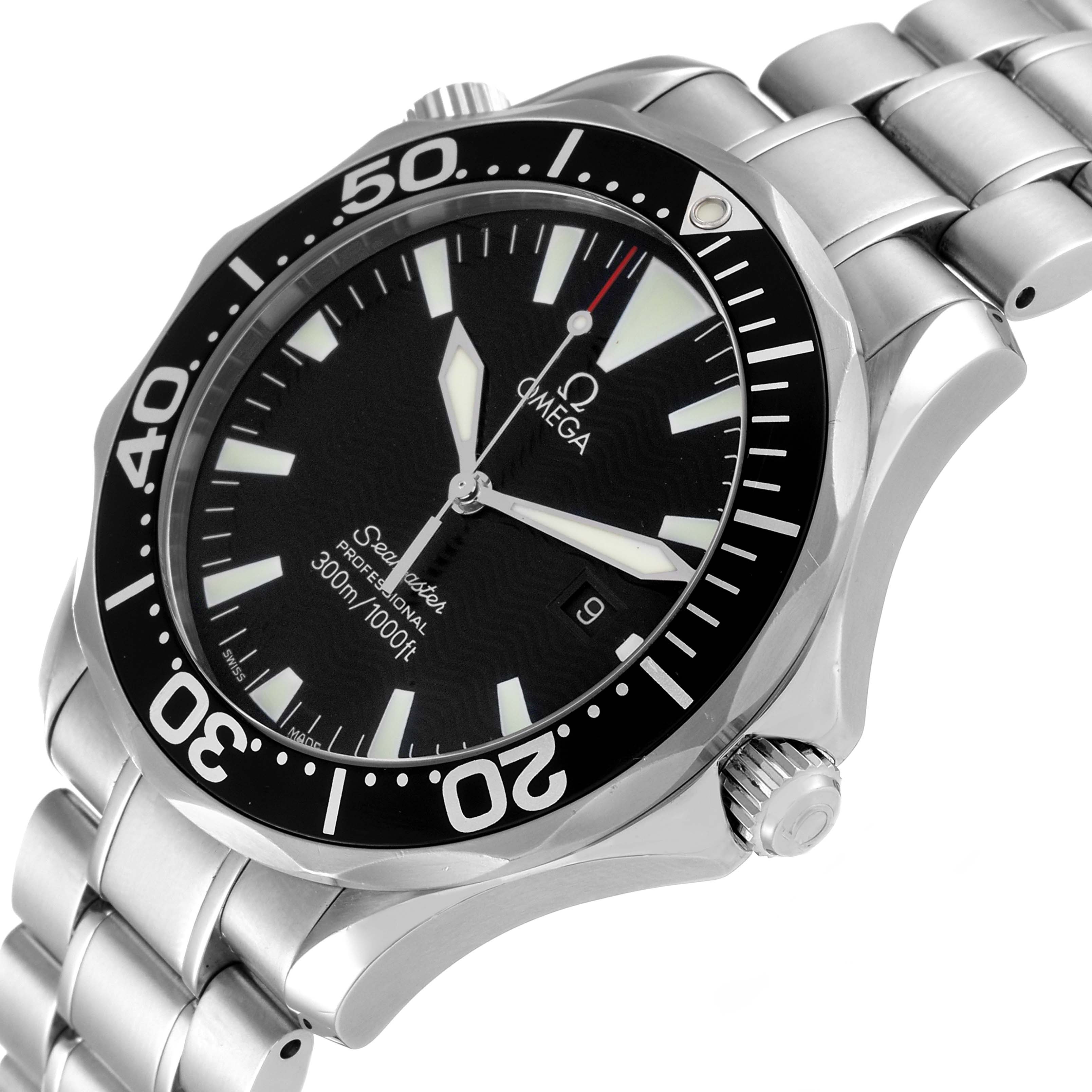 This close-up angle shows the face, bezel, and stainless steel bracelet of the Omega Seamaster 2264.50.00 Men's Stainless Steel Black Dial 2264.50.00 Men's Stainless Steel Black Dial watch.