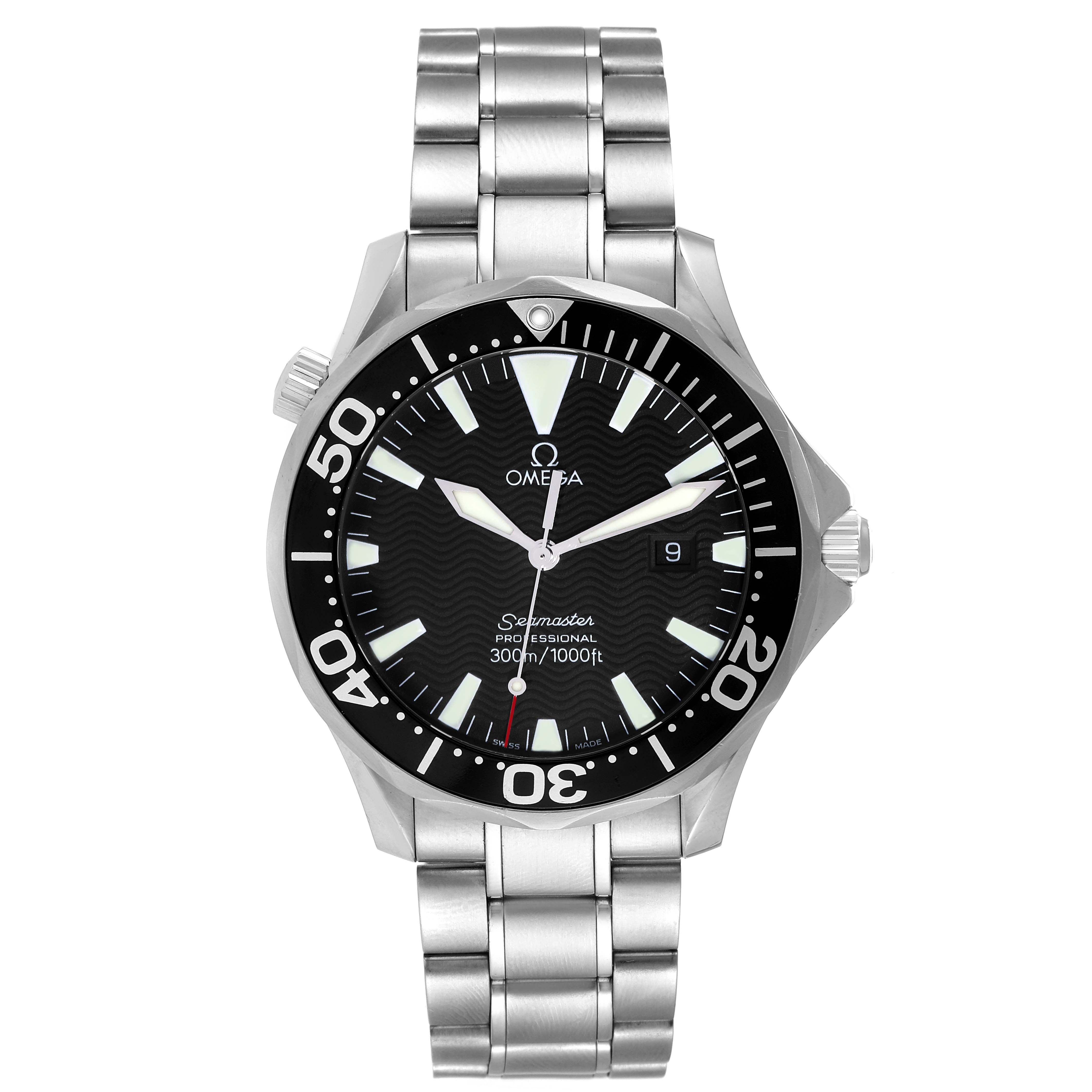 The image shows a front view of an Omega Seamaster 2264.50.00 Men's Stainless Steel Black Dial 2264.50.00 Men's Stainless Steel Black Dial watch, highlighting its dial, bezel, and metal bracelet.