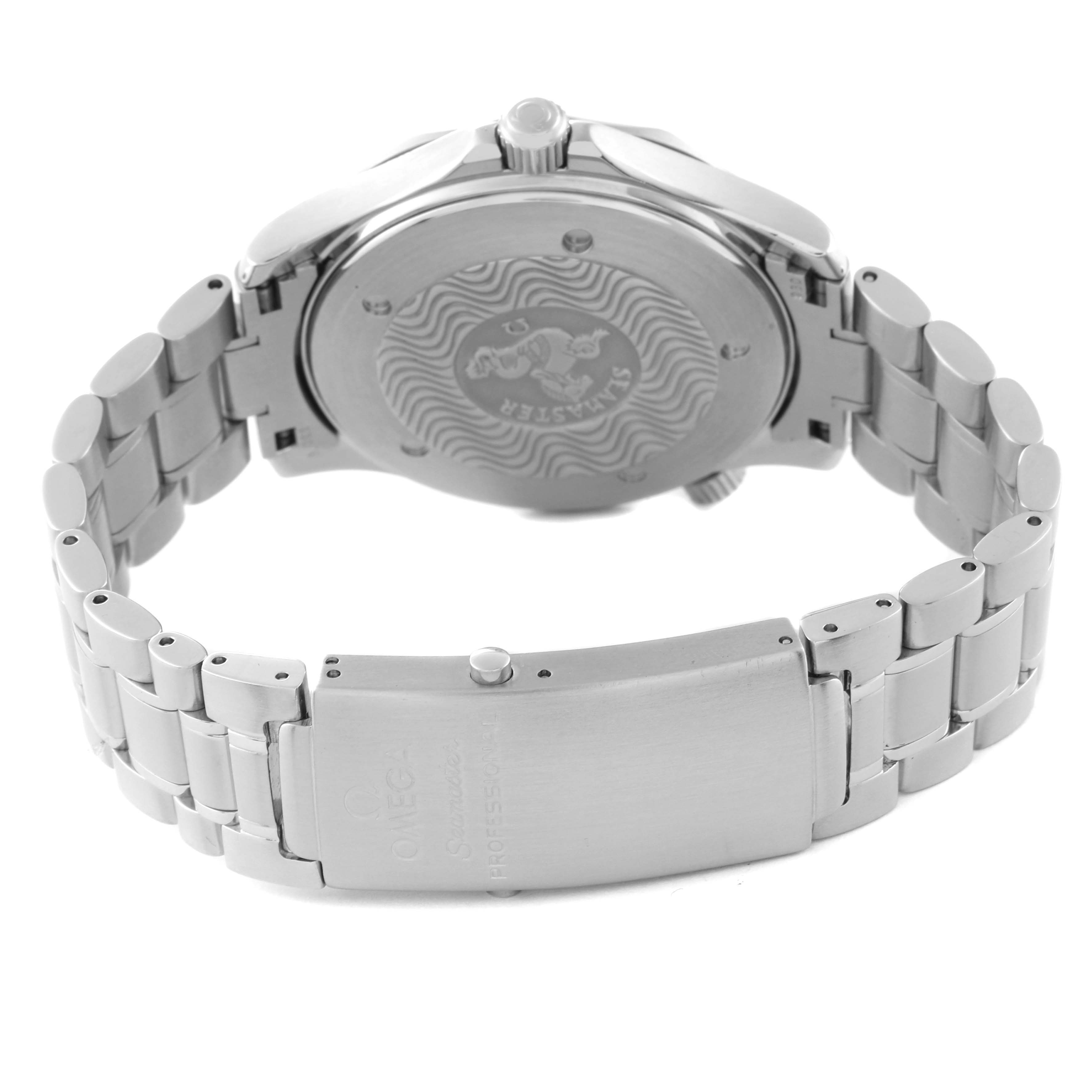 This image shows the case back and bracelet of an Omega Seamaster 2264.50.00 Men
s Stainless Steel Black Dial 2264.50.00 Men
s Stainless Steel Black Dial watch from a rear angle.