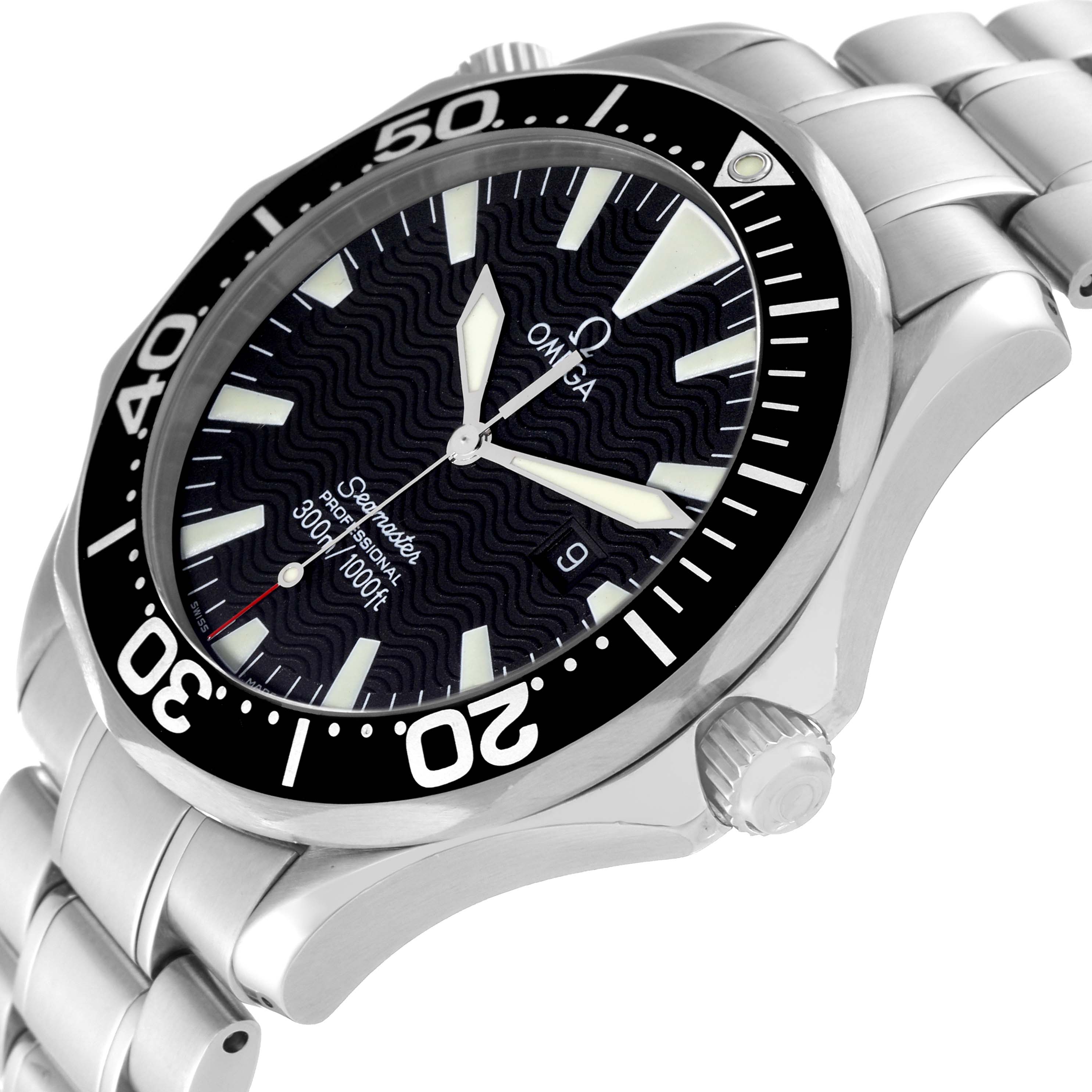The Omega Seamaster 2264.50.00 Men
s Stainless Steel Black Dial 2264.50.00 Men
s Stainless Steel Black Dial watch is shown at an angled view highlighting the bezel, dial, crown, and part of the bracelet.
