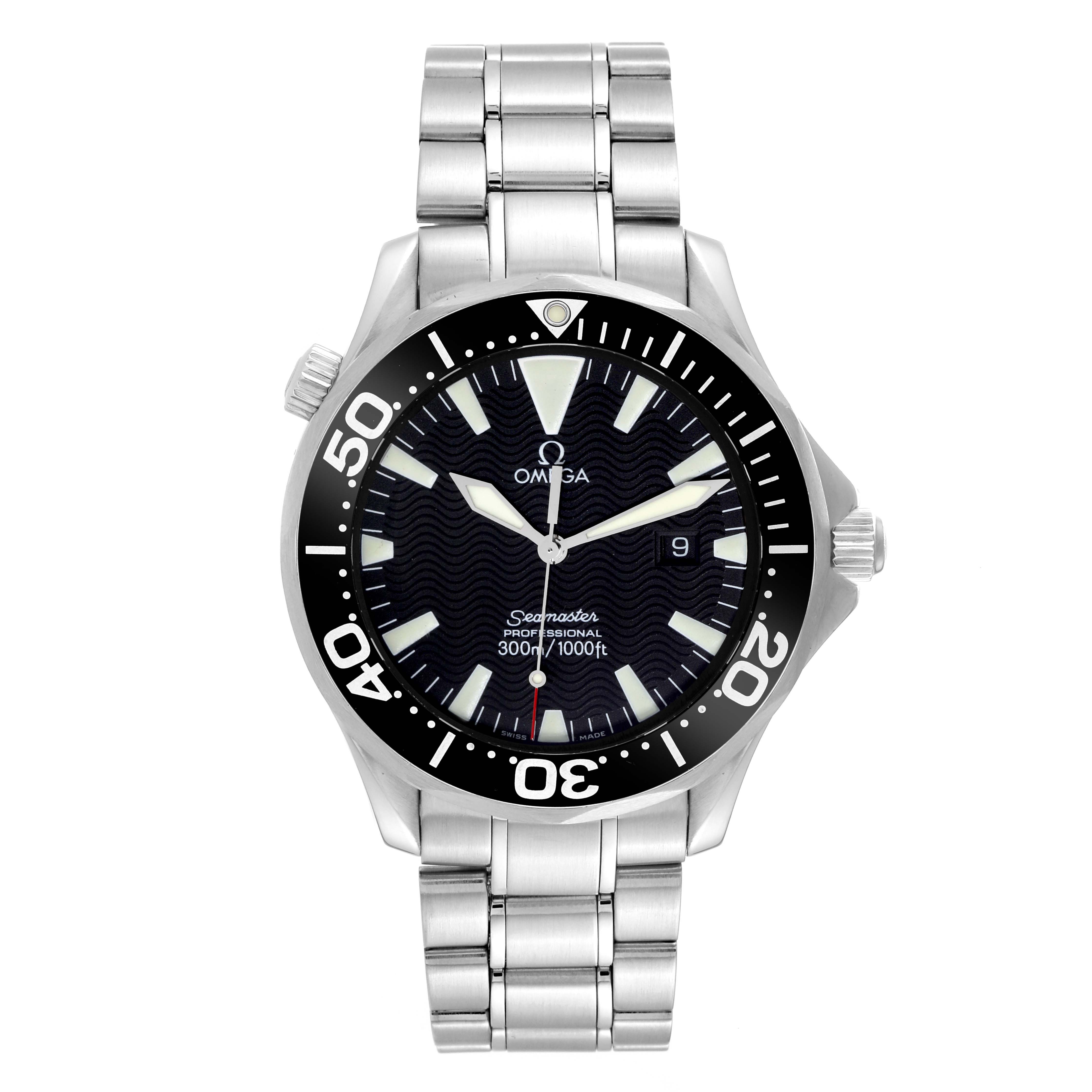 The image shows a front view of the Omega Seamaster 2264.50.00 Men
s Stainless Steel Black Dial 2264.50.00 Men
s Stainless Steel Black Dial watch featuring its dial, bezel, stainless steel bracelet, and crown.