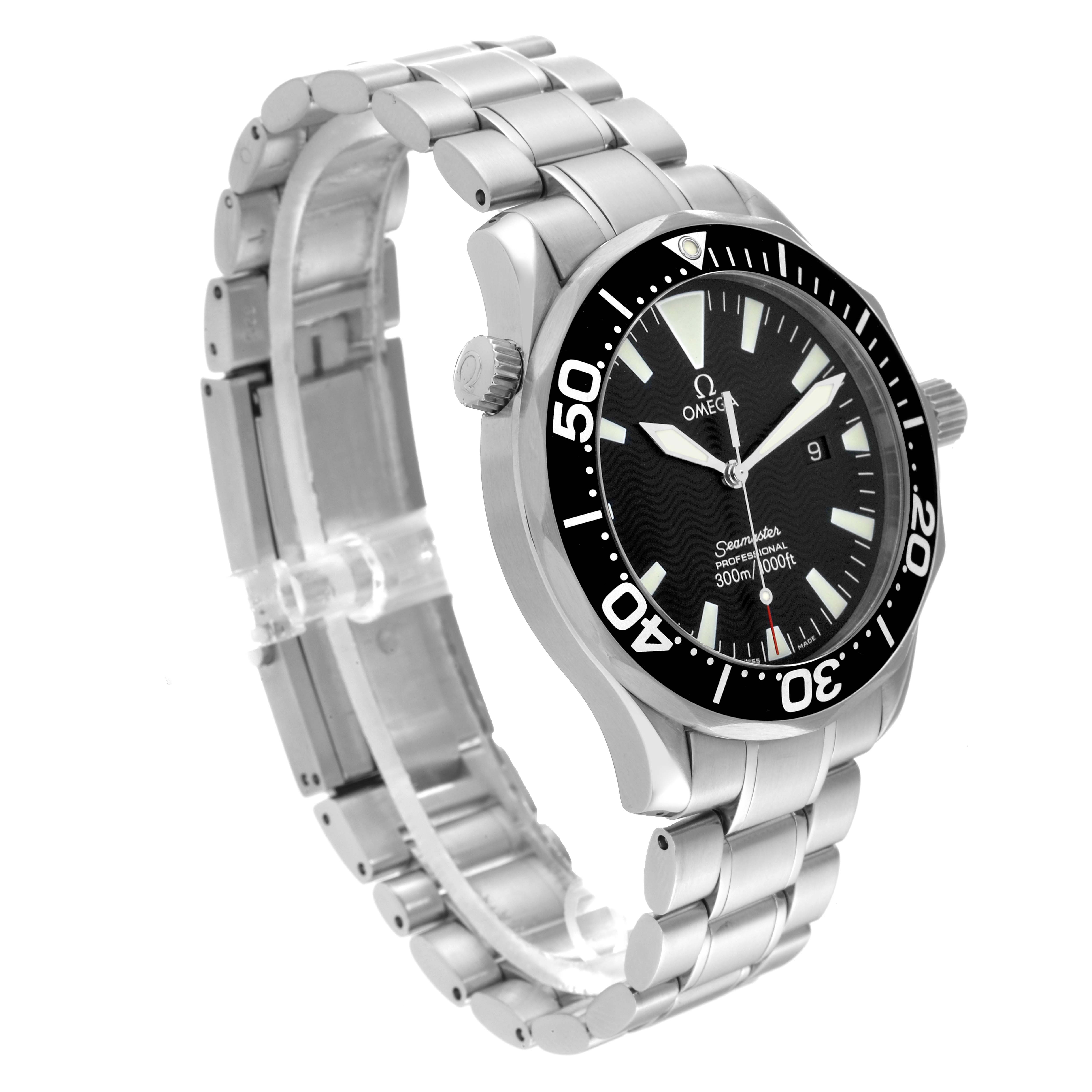 The Omega Seamaster 2264.50.00 Men
s Stainless Steel Black Dial 2264.50.00 Men
s Stainless Steel Black Dial watch is shown at a three-quarter angle, highlighting its bracelet, bezel, and dial.