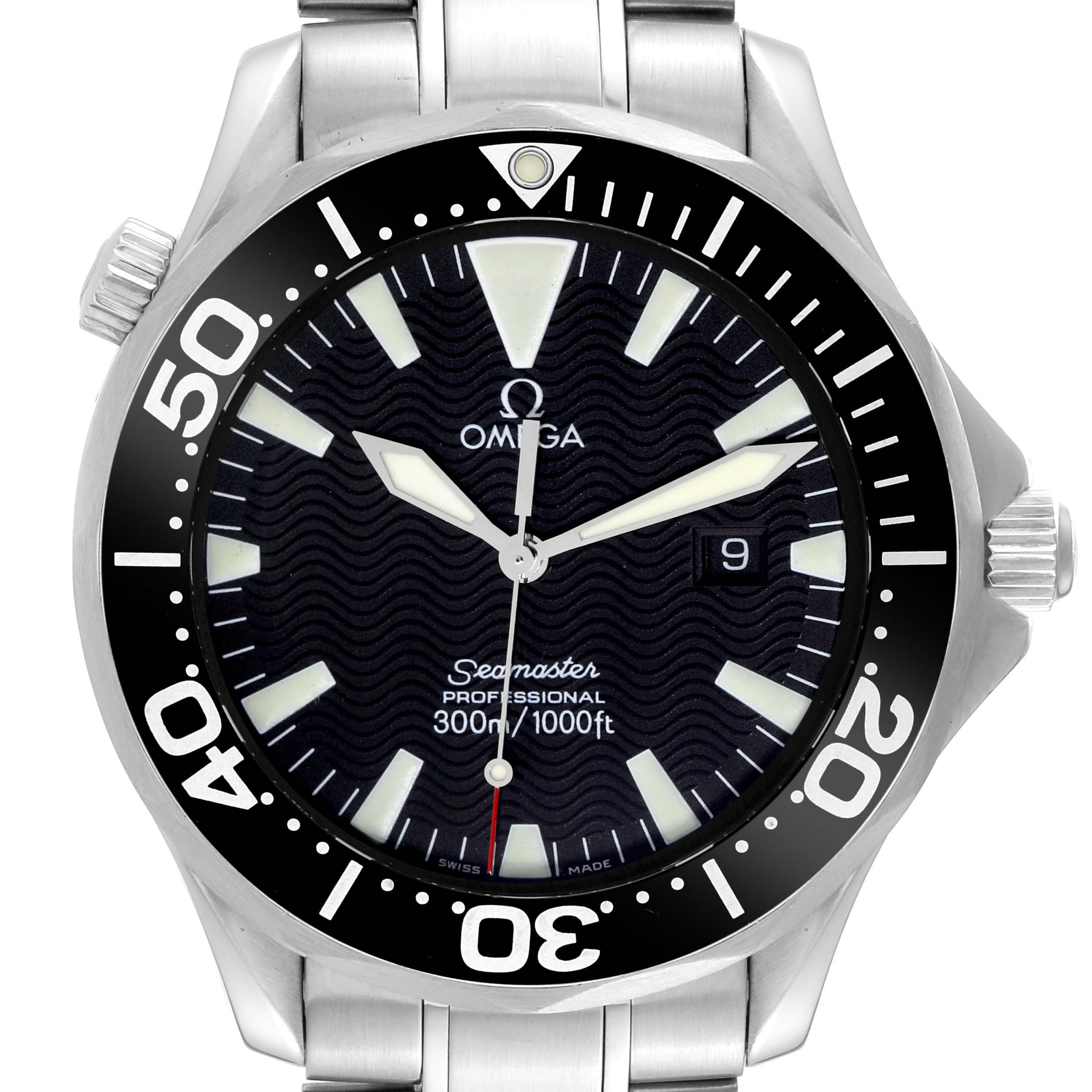 The image shows a front view of an Omega Seamaster 2264.50.00 Men
s Stainless Steel Black Dial 2264.50.00 Men
s Stainless Steel Black Dial watch with a visible bezel, dial, crown, and stainless steel strap.