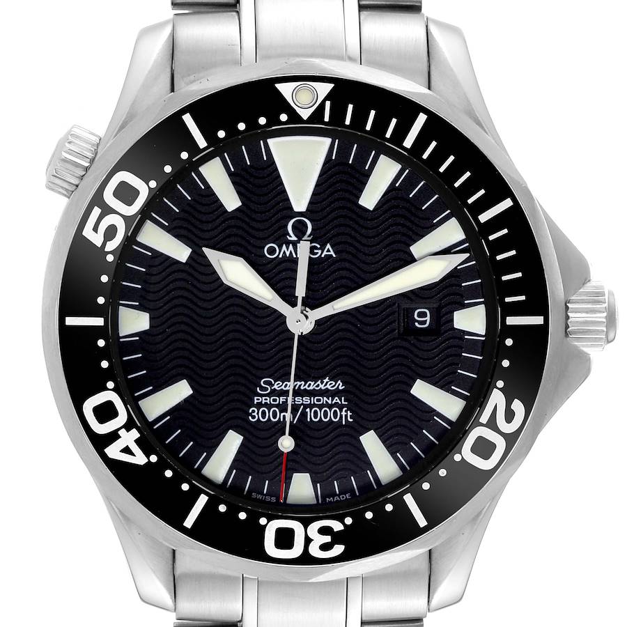 The image shows a front view of an Omega Seamaster watch with a visible bezel, dial, crown, and stainless steel strap.