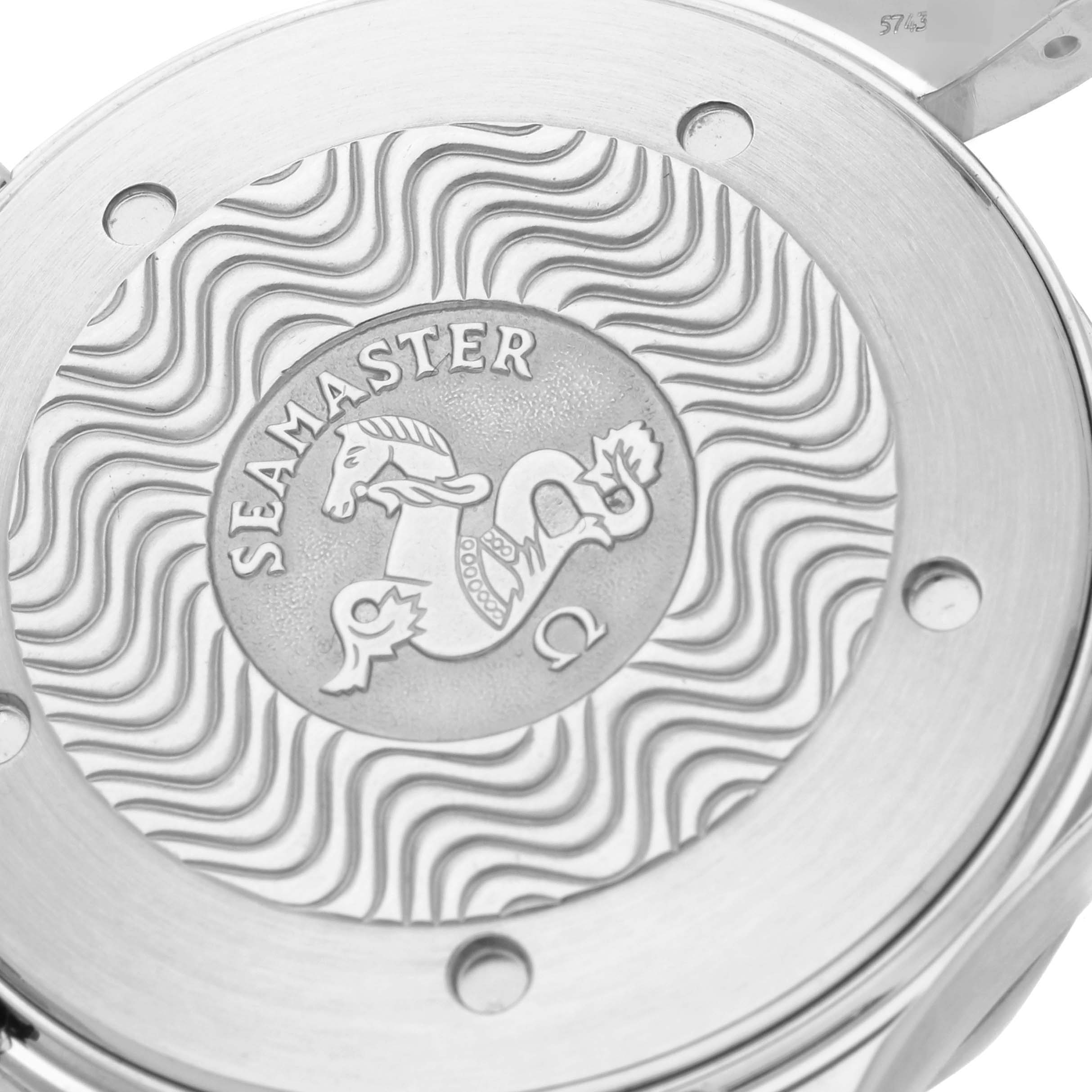 This image shows a close-up of the back case of an Omega Seamaster 2264.50.00 Men
s Stainless Steel Black Dial 2264.50.00 Men
s Stainless Steel Black Dial watch, featuring the brand
s signature seahorse logo and wave pattern.