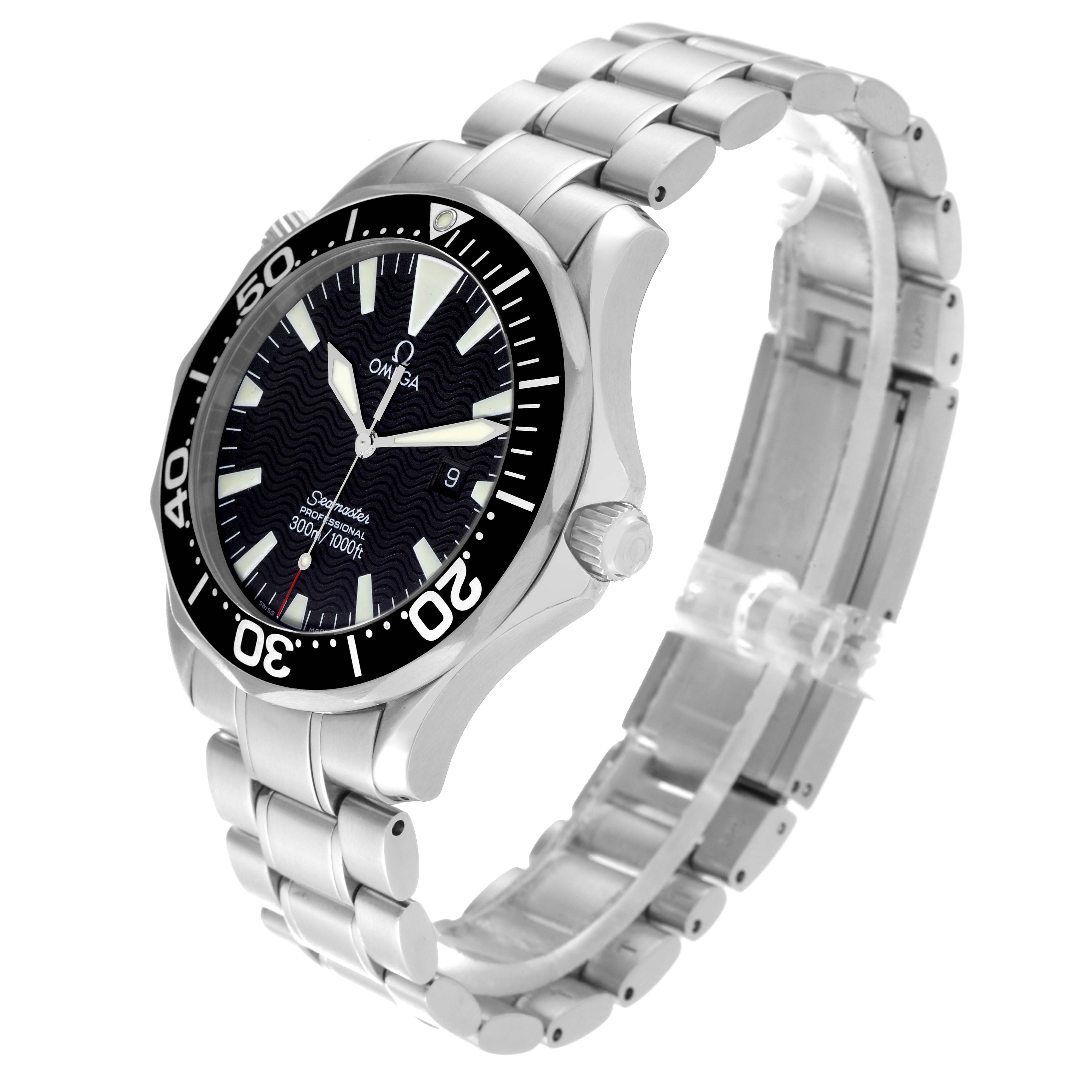 The image shows an angled view of the Omega Seamaster 2264.50.00 Men
s Stainless Steel Black Dial 2264.50.00 Men
s Stainless Steel Black Dial watch, highlighting its face, bezel, and metal bracelet.