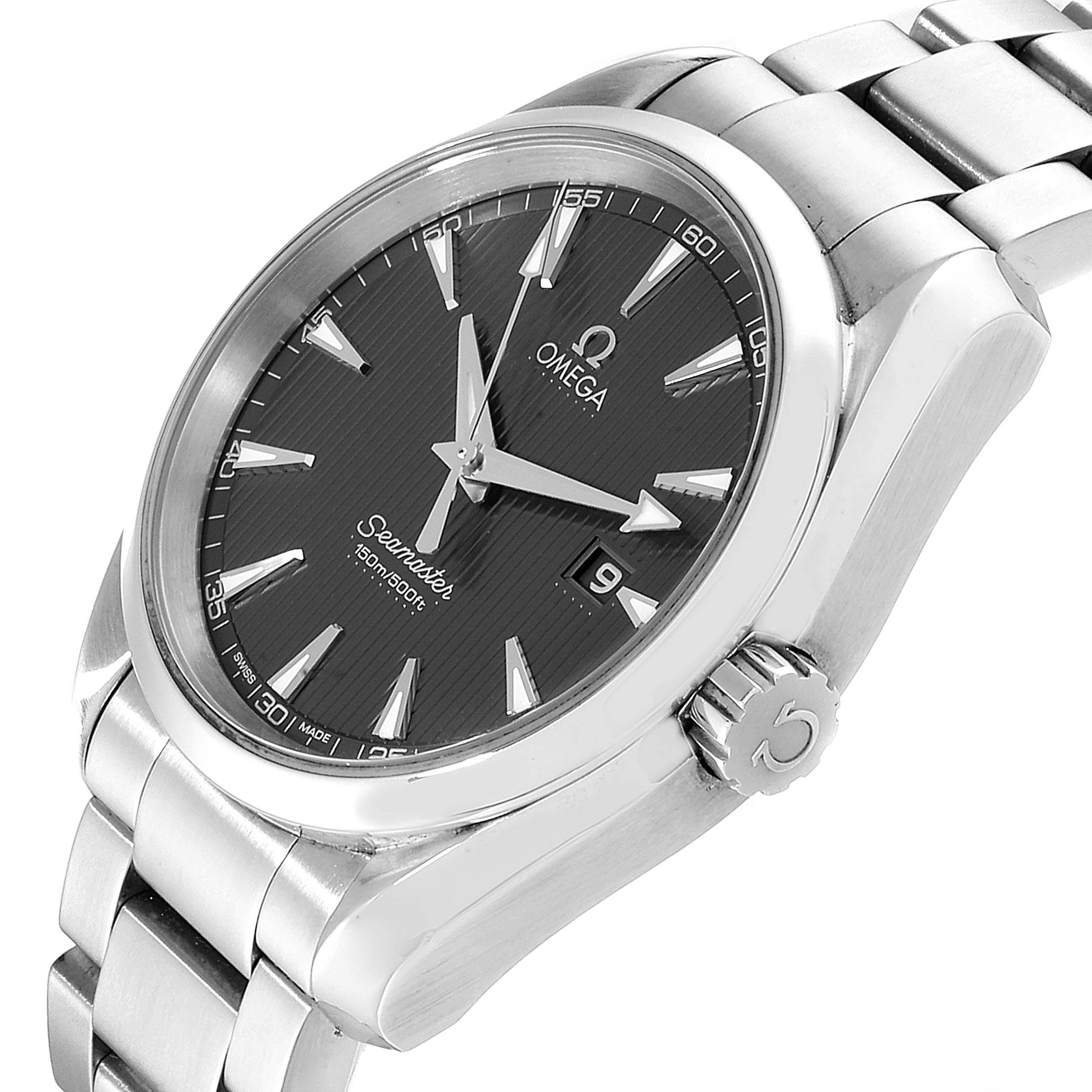 This image shows a close-up angled view of an Omega Seamaster 231.10.39.60.06.001 Men
s Stainless Steel Grey Dial 231.10.39.60.06.001 Men
s Stainless Steel Grey Dial wristwatch, displaying the dial, hands, crown, and part of the bracelet.