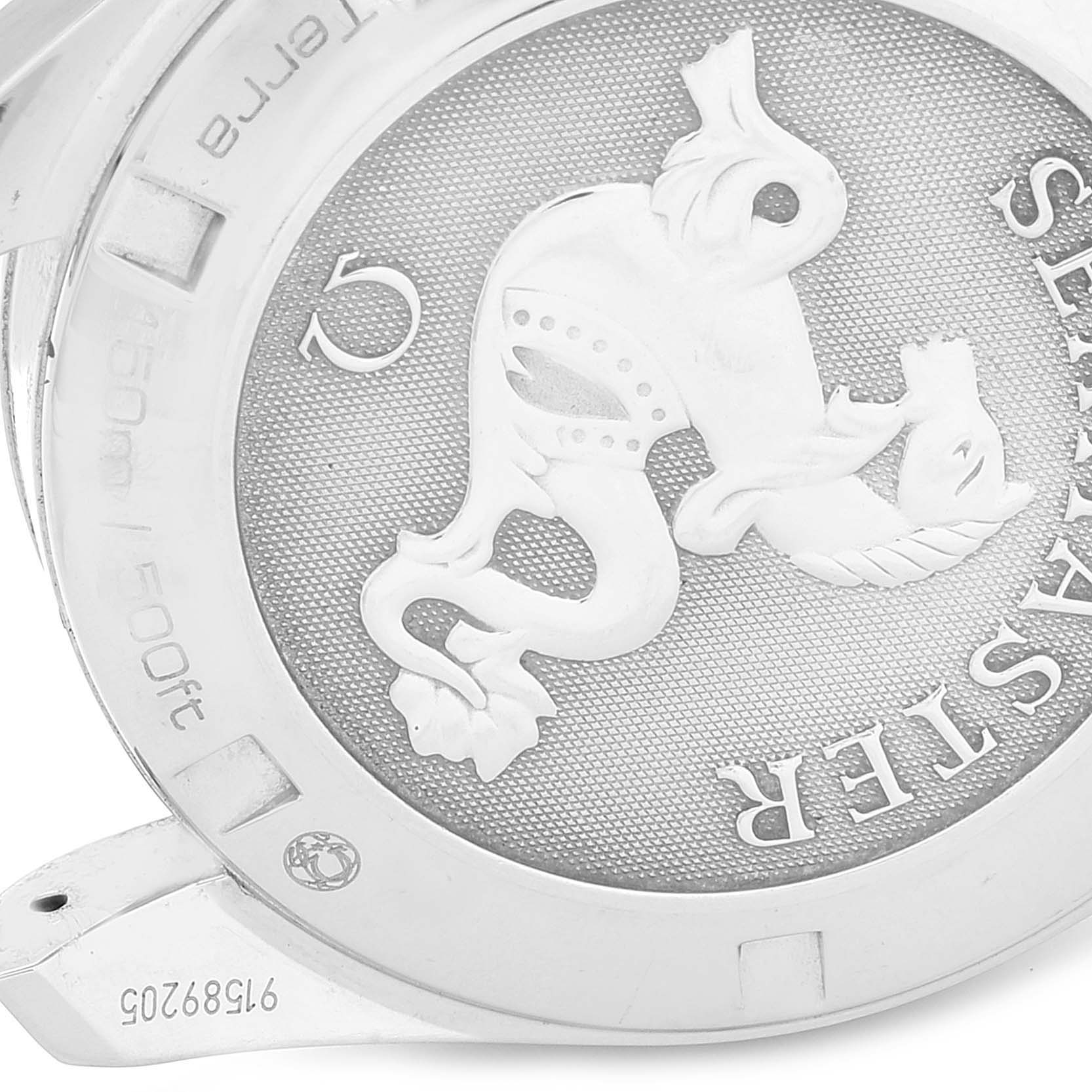 The image shows the engraved case back of an Omega Seamaster 231.10.39.60.06.001 Men
s Stainless Steel Grey Dial 231.10.39.60.06.001 Men
s Stainless Steel Grey Dial watch, featuring a sea monster design and specifications.