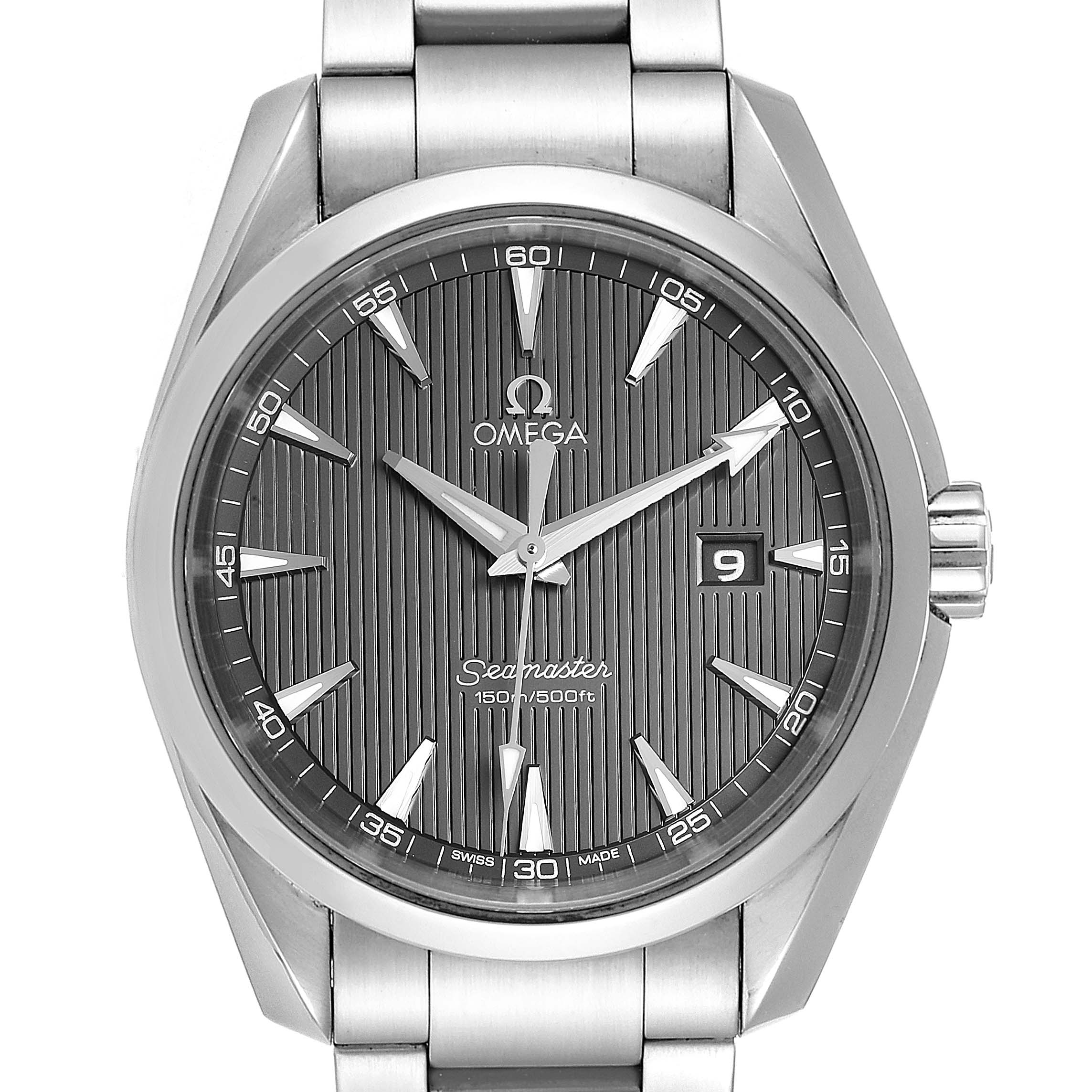 This is a front view of the Omega Seamaster 231.10.39.60.06.001 Men
s Stainless Steel Grey Dial 231.10.39.60.06.001 Men
s Stainless Steel Grey Dial watch, displaying the watch face, bezel, and part of the bracelet.