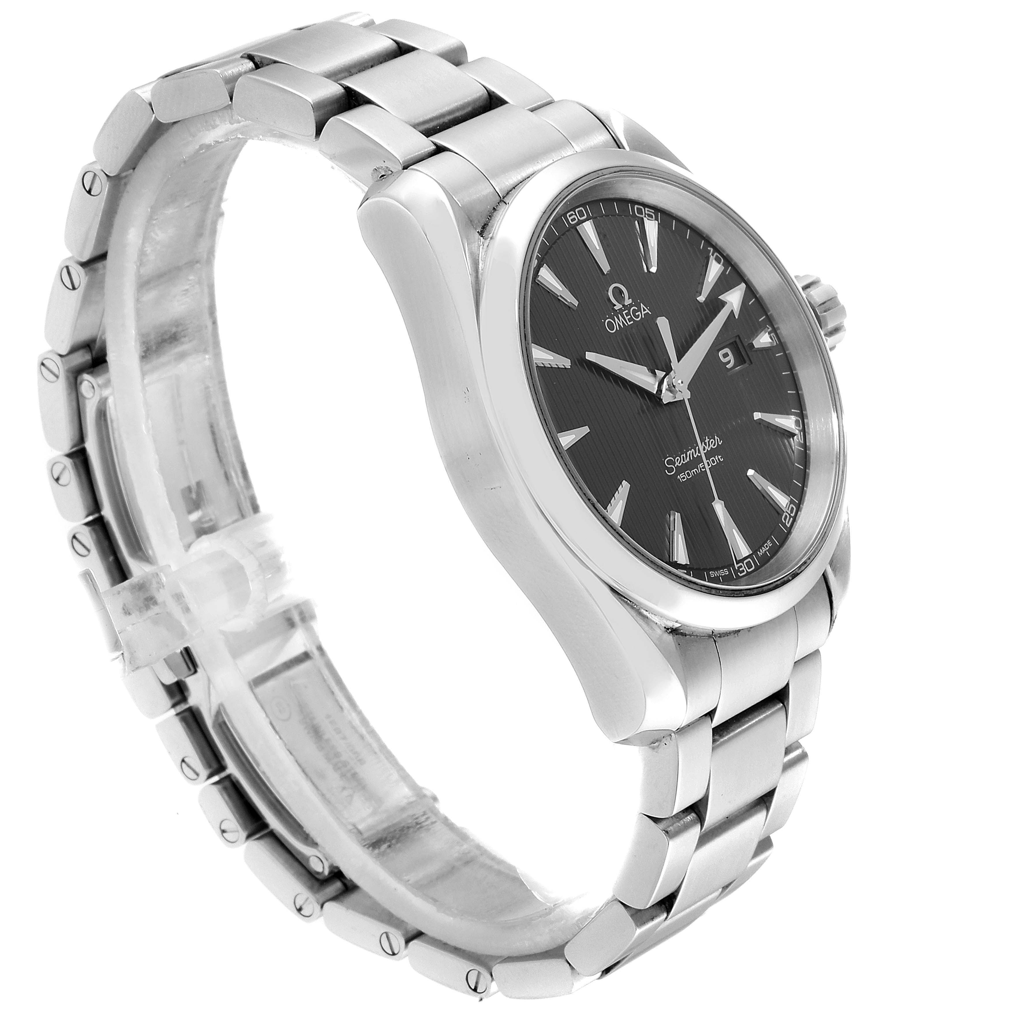 The Omega Seamaster 231.10.39.60.06.001 Men
s Stainless Steel Grey Dial 231.10.39.60.06.001 Men
s Stainless Steel Grey Dial watch is shown at an angle highlighting the stainless steel bracelet, side profile, and partially the black dial.