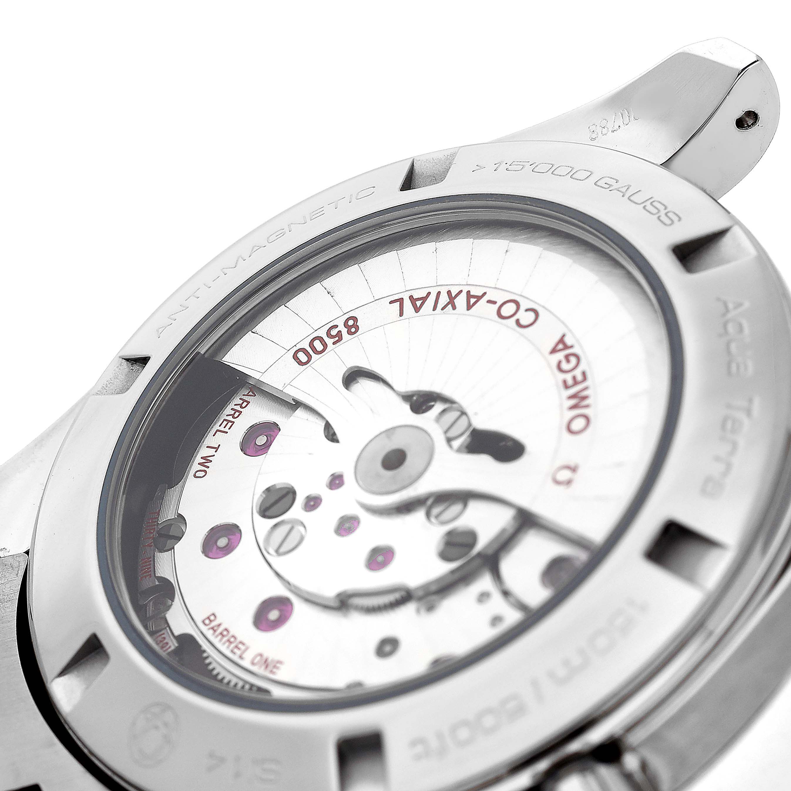 The image shows the exhibition case back of an Omega Seamaster 231.10.42.21.03.006 Men's Stainless Steel Blue Dial, highlighting its co-axial movement and inscriptions.
