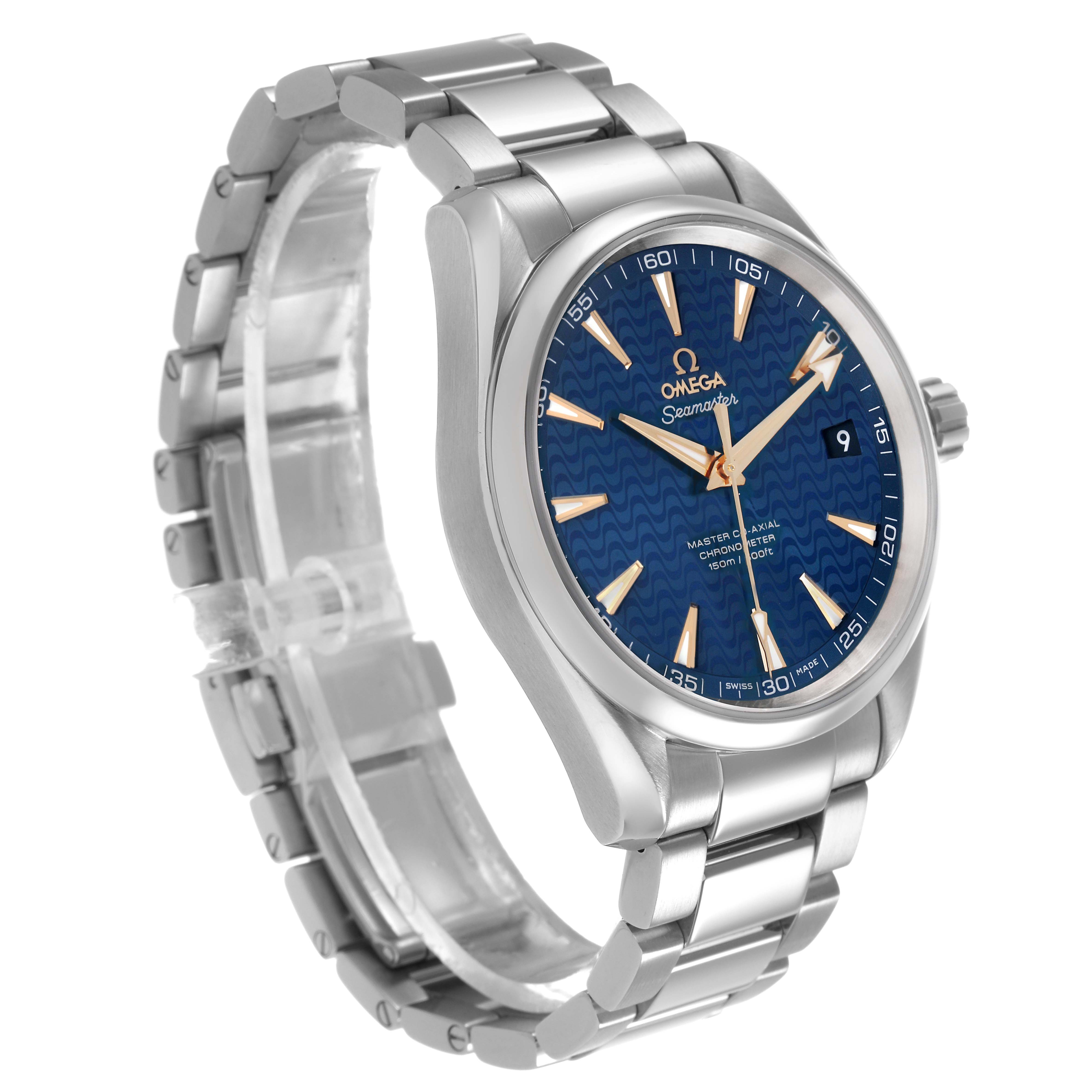 The Omega Seamaster 231.10.42.21.03.006 Men's Stainless Steel Blue Dial watch is shown at a three-quarter angle displaying the bracelet, case, and detailed wave-patterned dial.