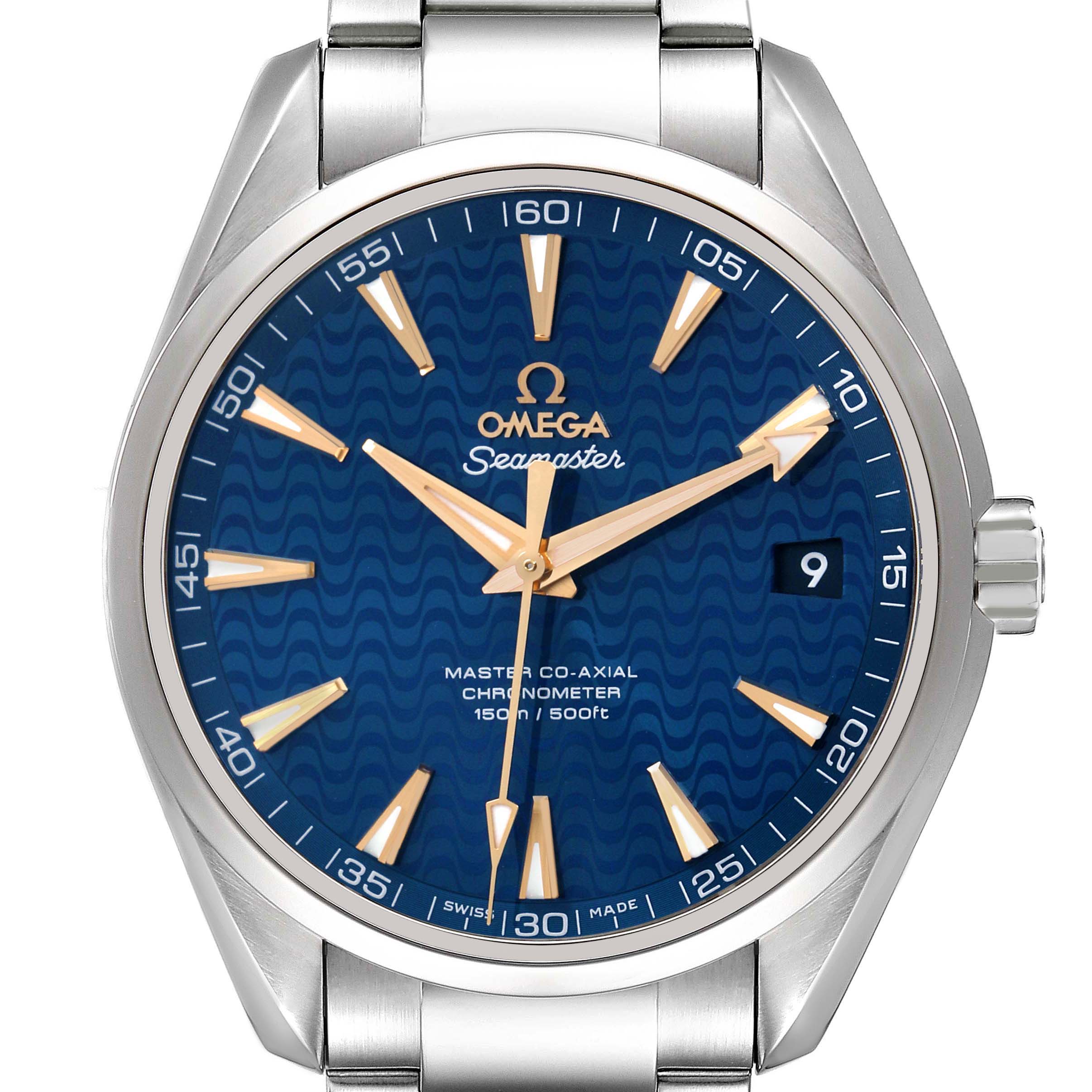 The image shows a frontal view of the Omega Seamaster 231.10.42.21.03.006 Men's Stainless Steel Blue Dial, highlighting the dial, hands, indices, and part of the bracelet.