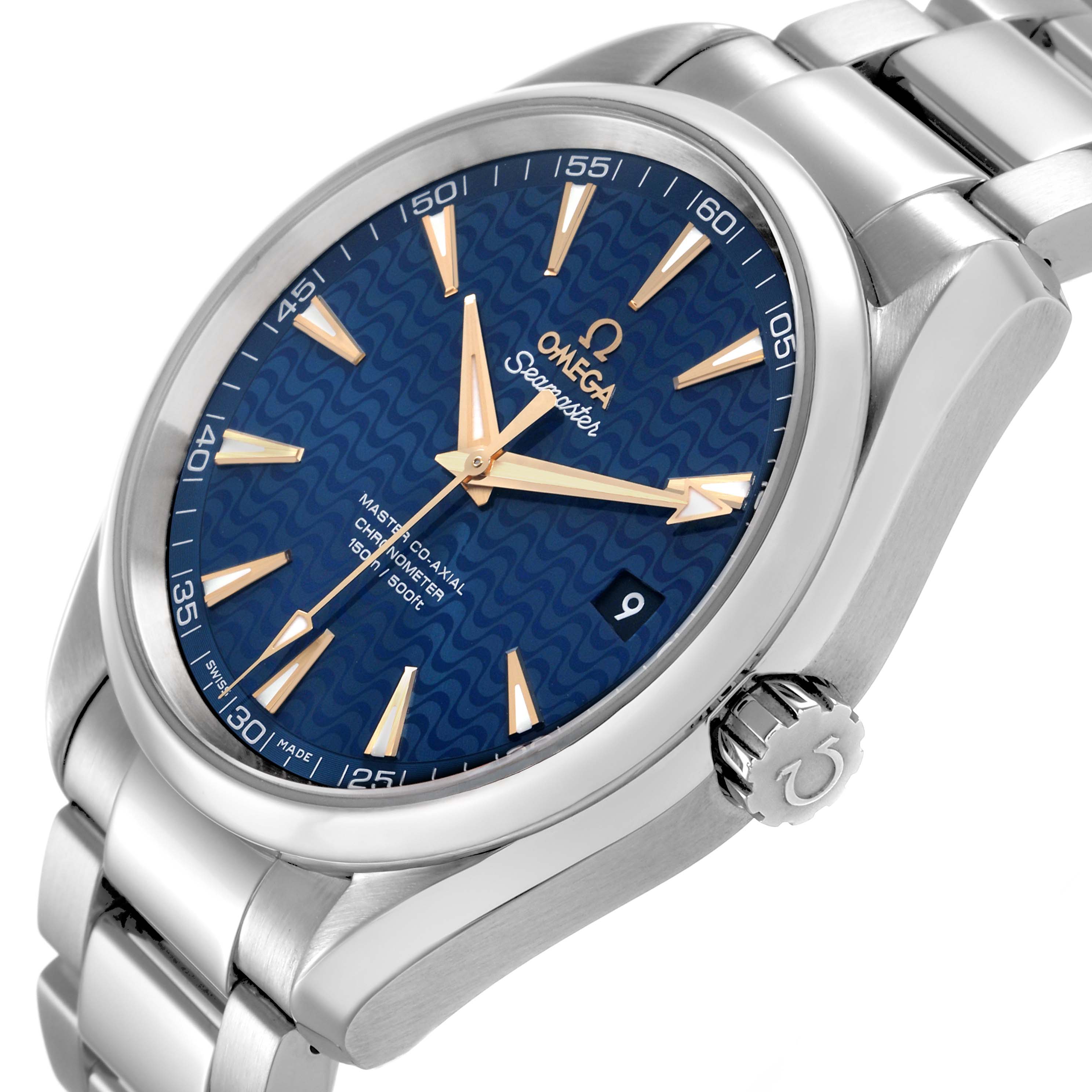 The Omega Seamaster 231.10.42.21.03.006 Men's Stainless Steel Blue Dial watch is shown at a slight angle, highlighting its blue dial, crown, bezel, and part of its bracelet.