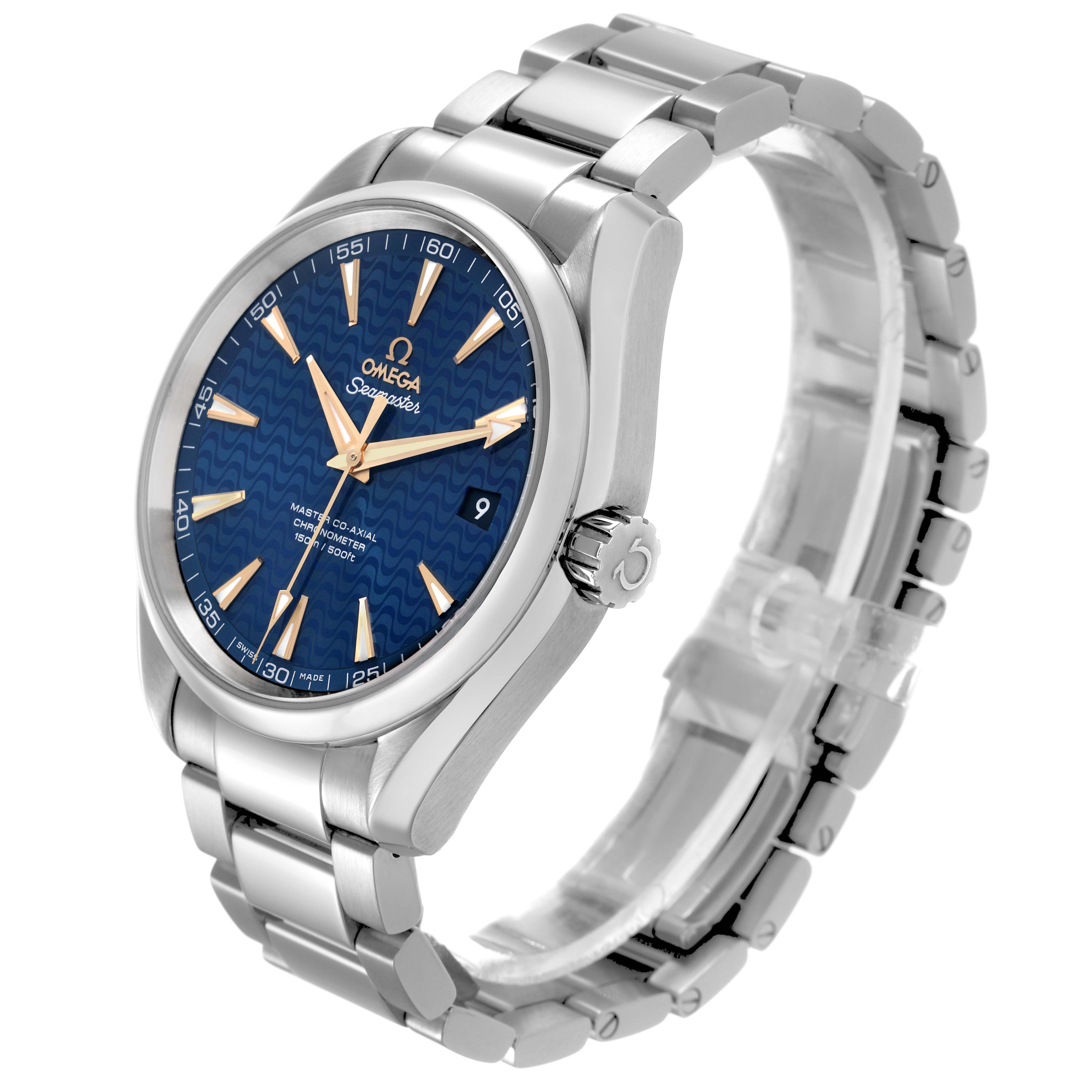 The Omega Seamaster 231.10.42.21.03.006 Men's Stainless Steel Blue Dial watch is shown at a three-quarter angle, highlighting the face, bezel, crown, and metal bracelet.