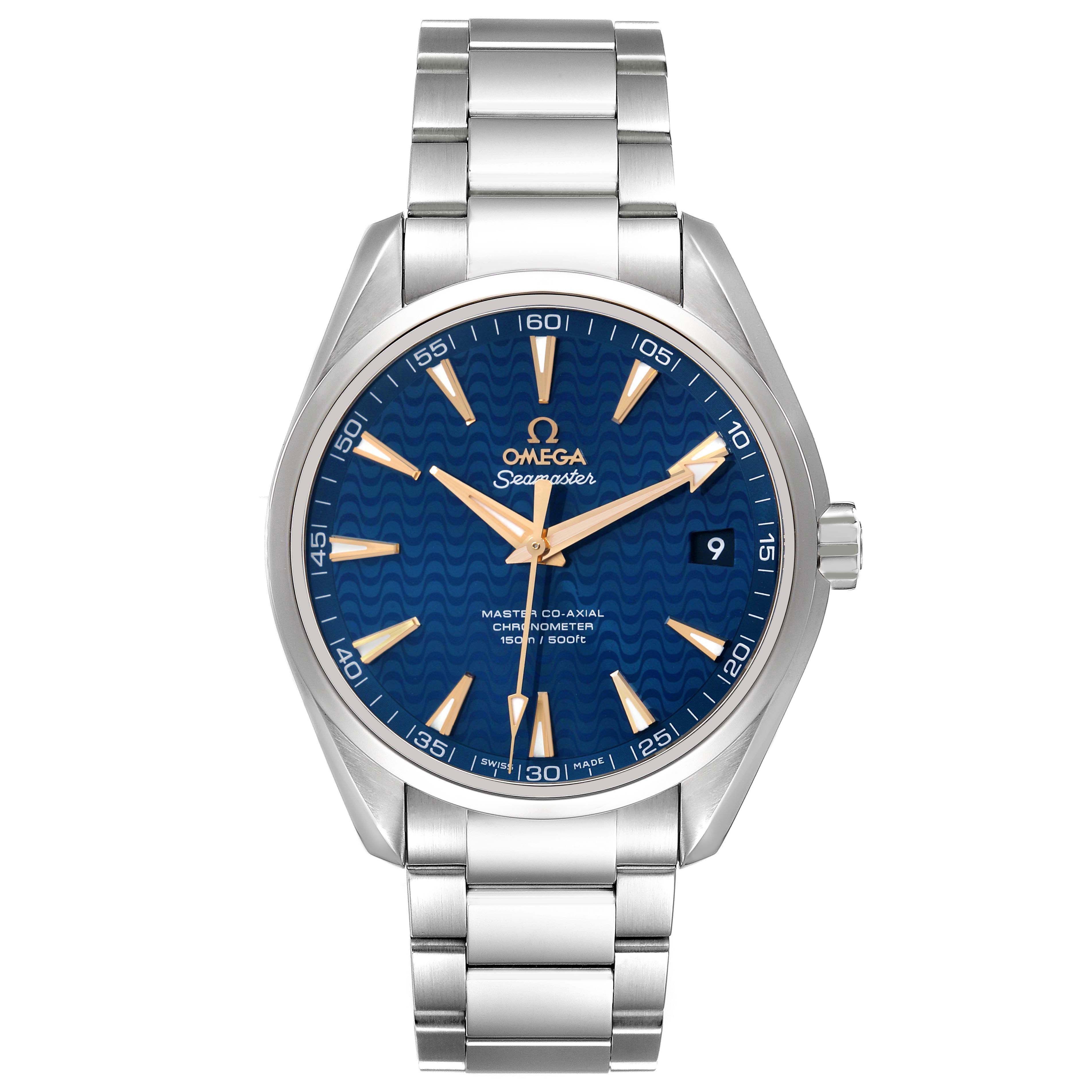 The image shows a front view of an Omega Seamaster 231.10.42.21.03.006 Men's Stainless Steel Blue Dial watch, highlighting the dial, hands, bezel, and bracelet.