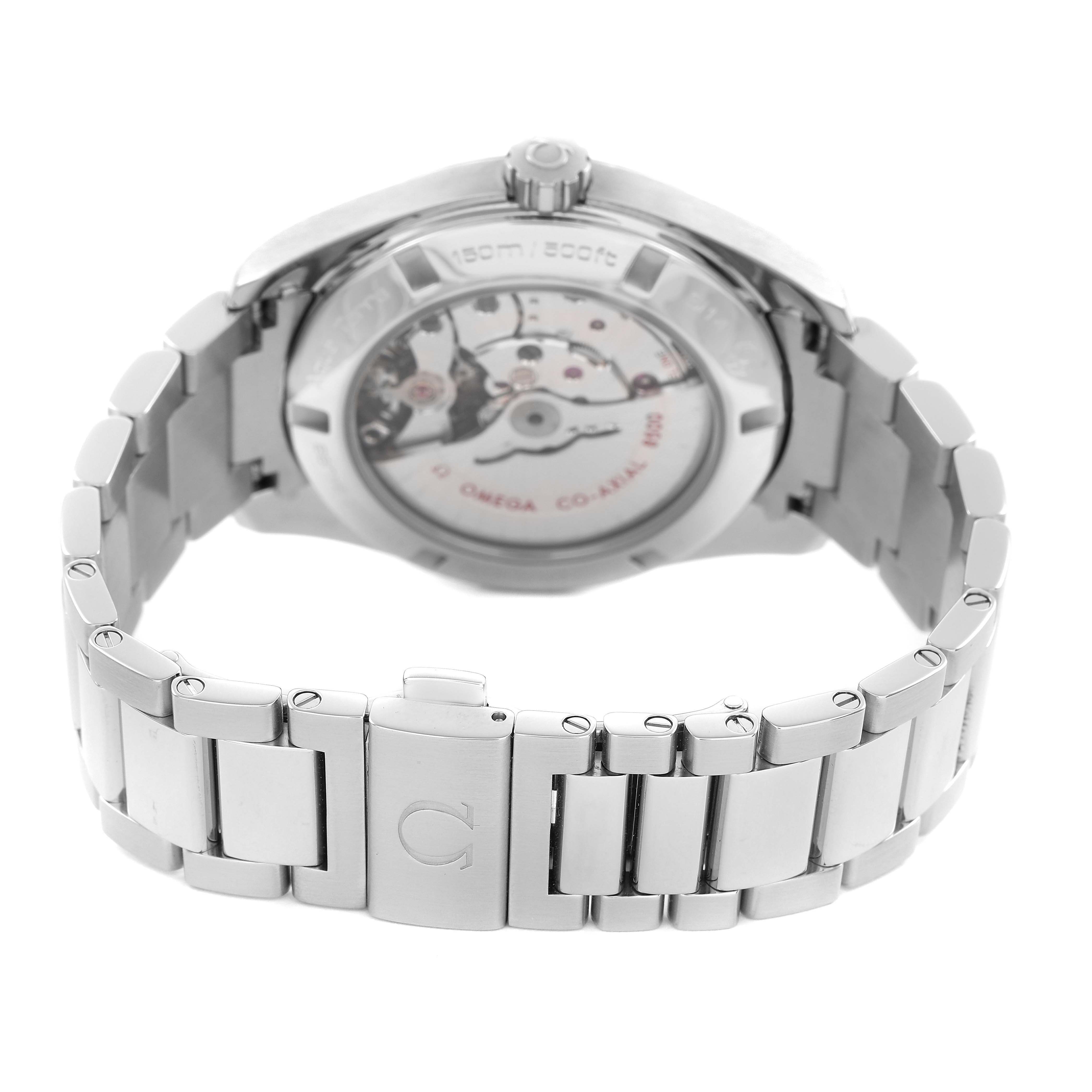 The Omega Seamaster 231.10.42.21.03.006 Men's Stainless Steel Blue Dial watch is shown from the rear, highlighting the exhibition case back and metal bracelet.