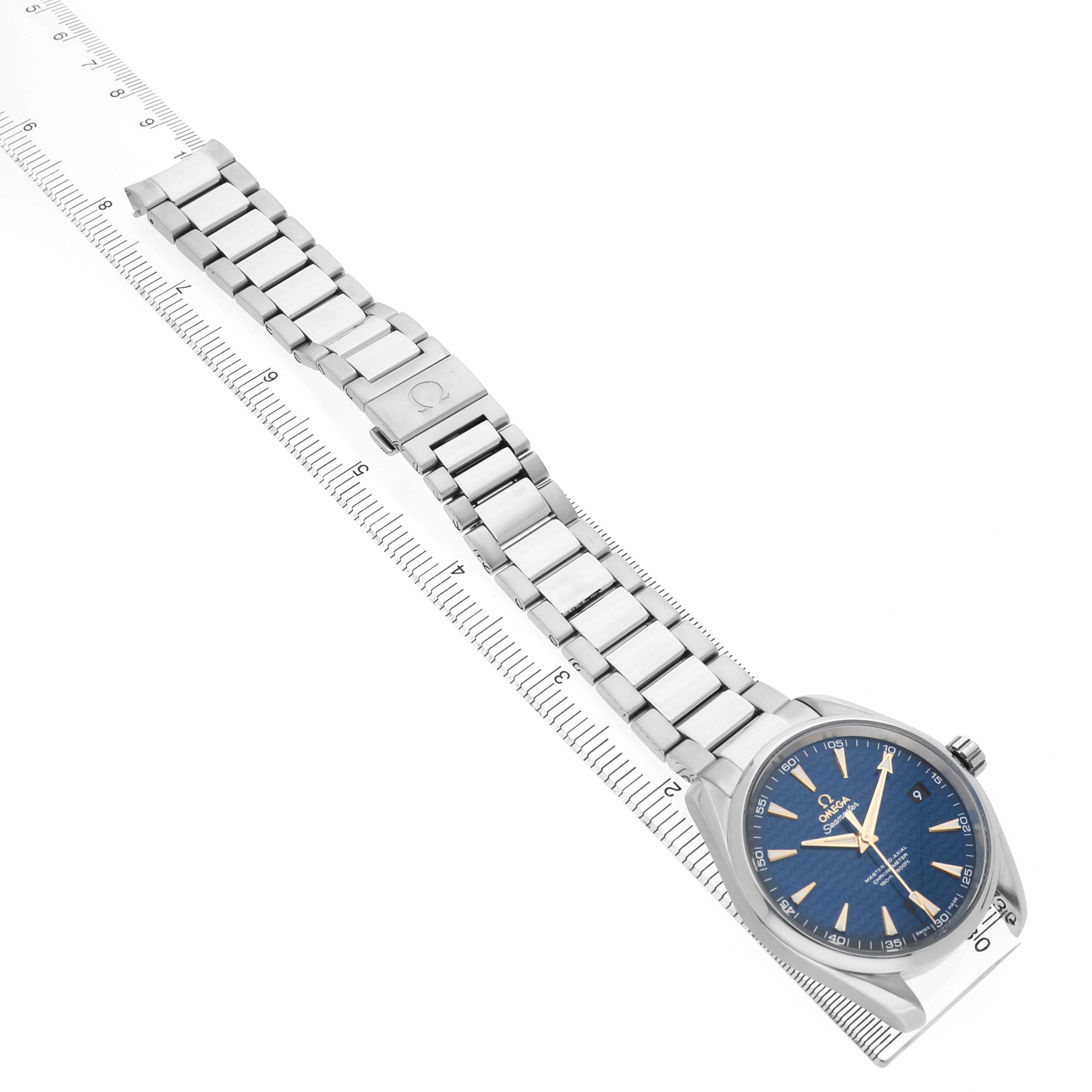 The Omega Seamaster 231.10.42.21.03.006 Men's Stainless Steel Blue Dial watch is shown at an angled view, displaying the full metal bracelet and watch face.