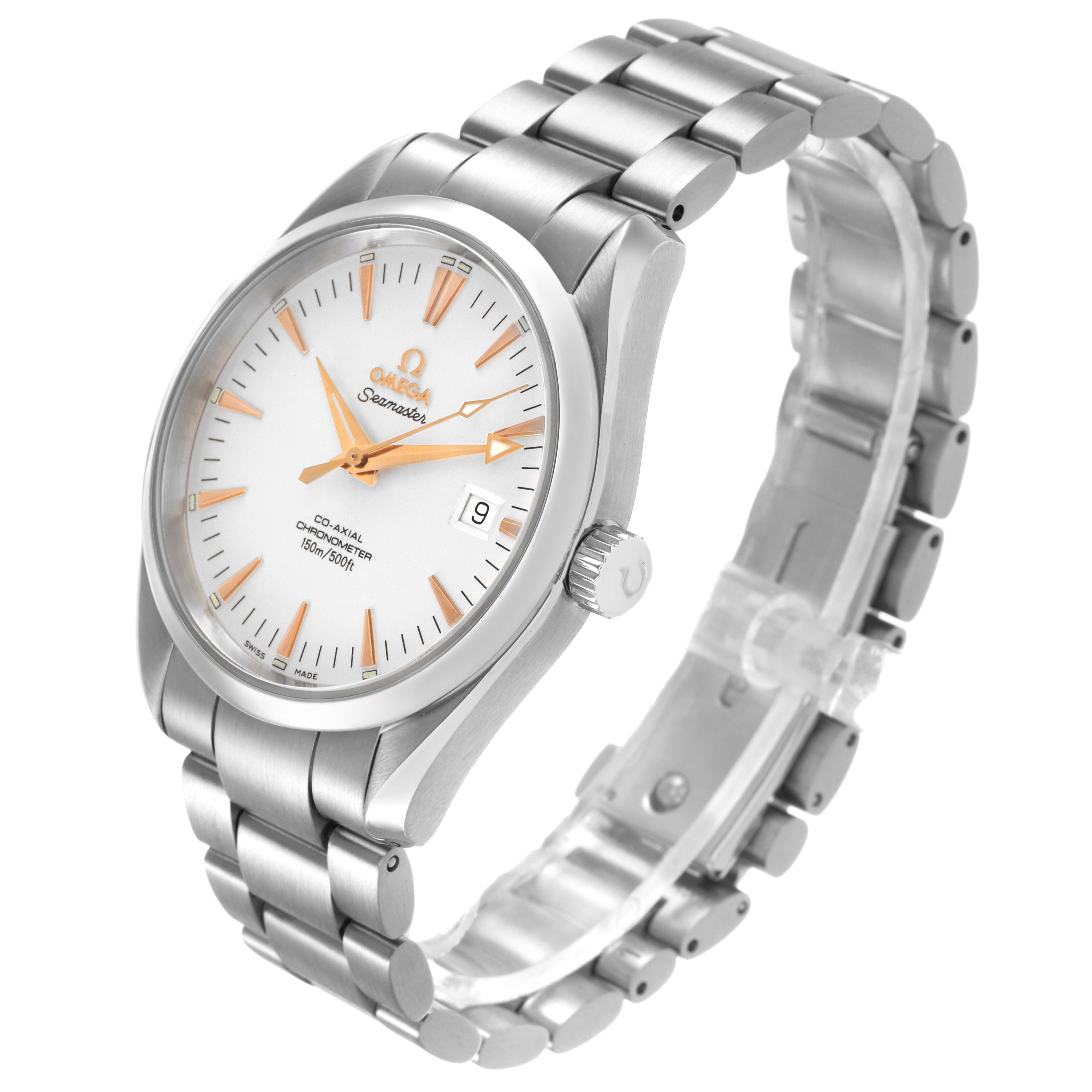 The Omega Seamaster 2503.34.00 Men's Stainless Steel White Dial watch is shown angled from the front-right, displaying the face, bezel, crown, and bracelet.