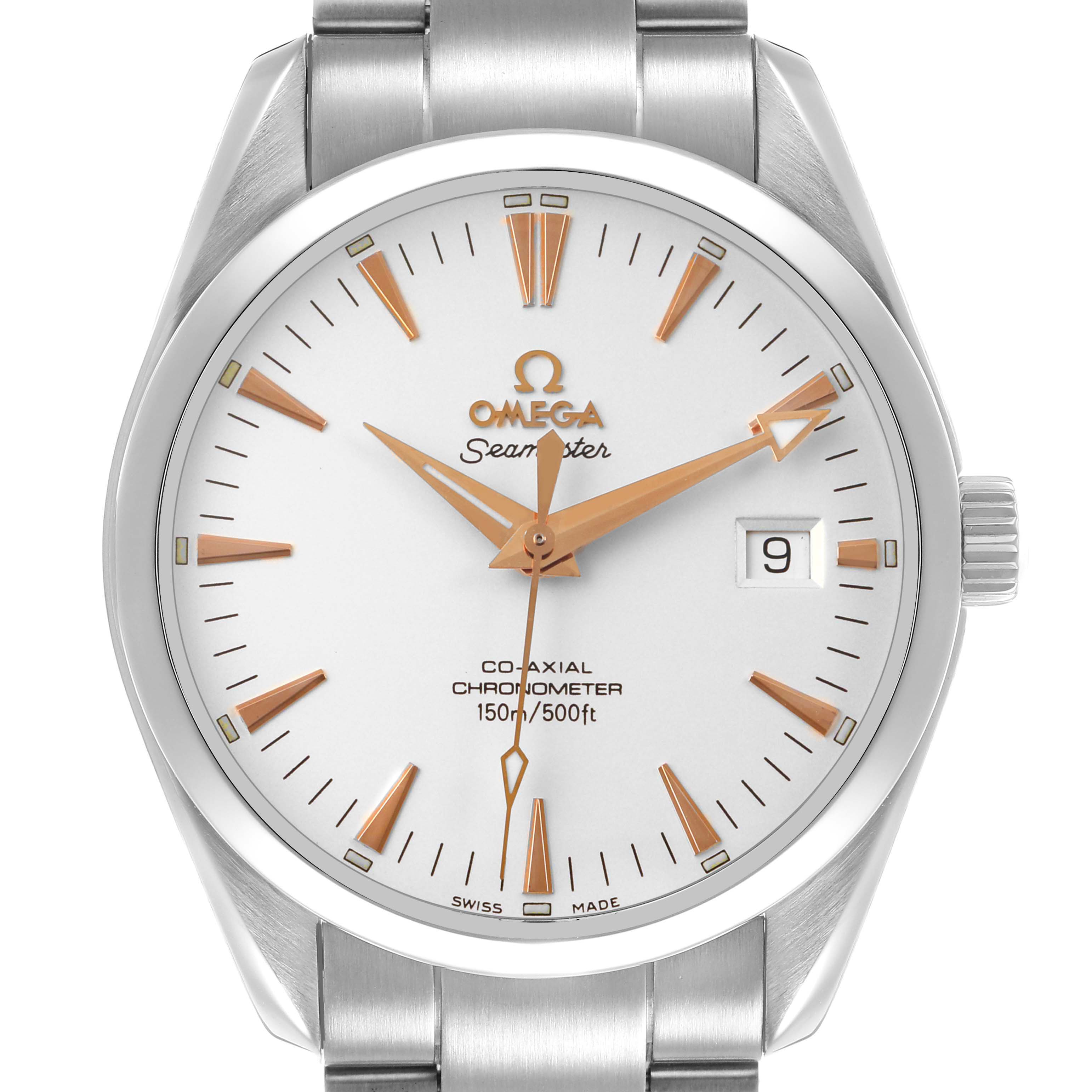 The image shows a front view of an Omega Seamaster 2503.34.00 Men's Stainless Steel White Dial watch, highlighting its dial, hands, and date window.