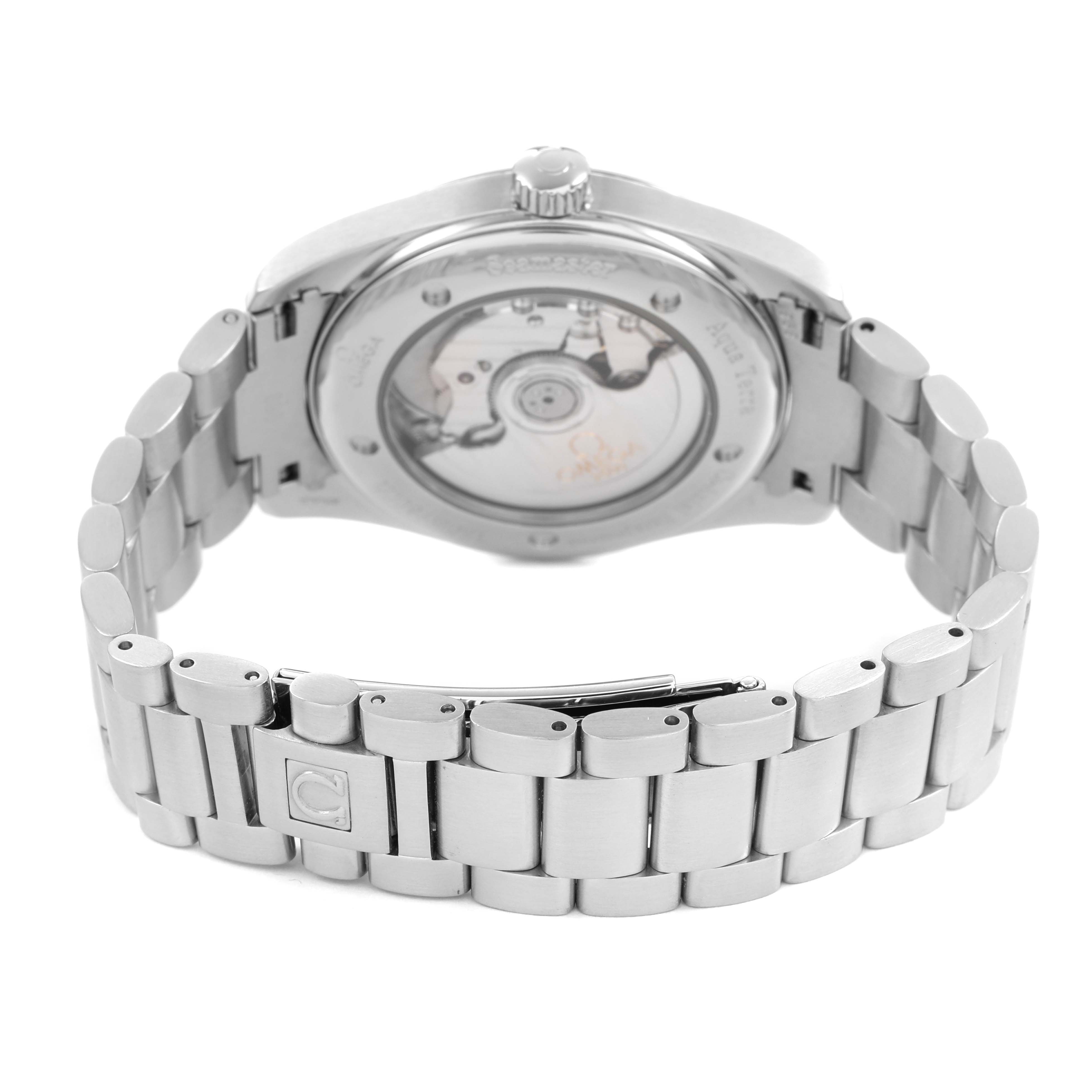 The Omega Seamaster 2503.34.00 Men's Stainless Steel White Dial watch is shown from the back, highlighting the transparent case back and metal bracelet.