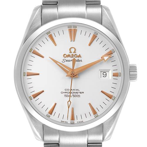 The Omega Seamaster 2503.34.00 Men's Stainless Steel White Dial watch is shown from a front angle, displaying the dial, hands, and date window clearly.