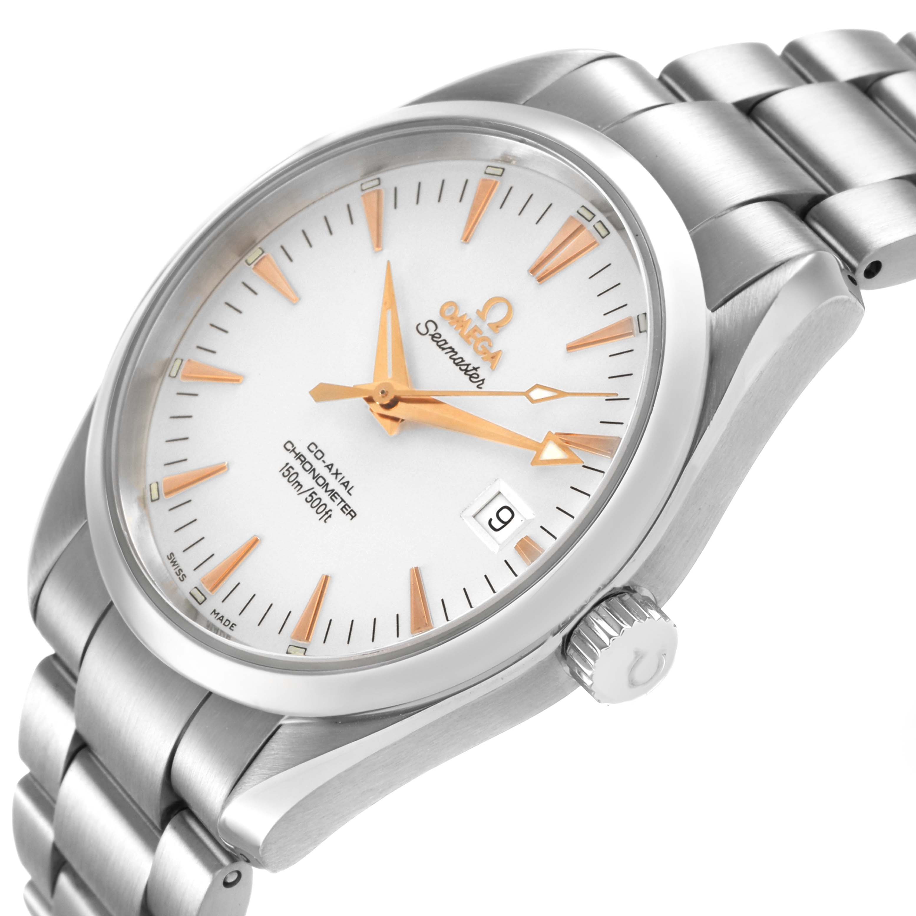 The Omega Seamaster 2503.34.00 Men's Stainless Steel White Dial watch is shown at a tilted angle, highlighting the face, crown, bezel, and bracelet.