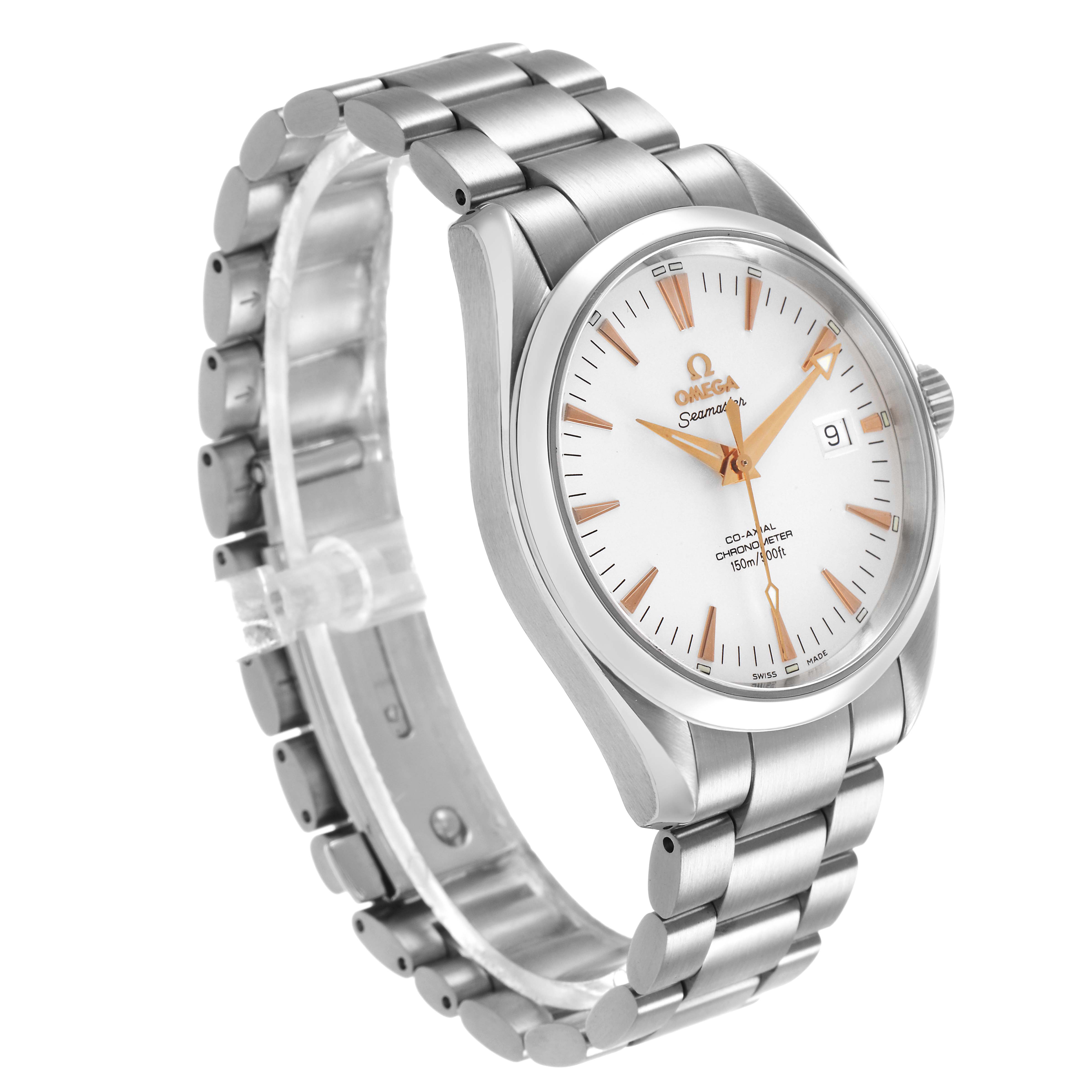 The Omega Seamaster 2503.34.00 Men's Stainless Steel White Dial watch is shown at a three-quarter angle, highlighting the face, bracelet, and crown.