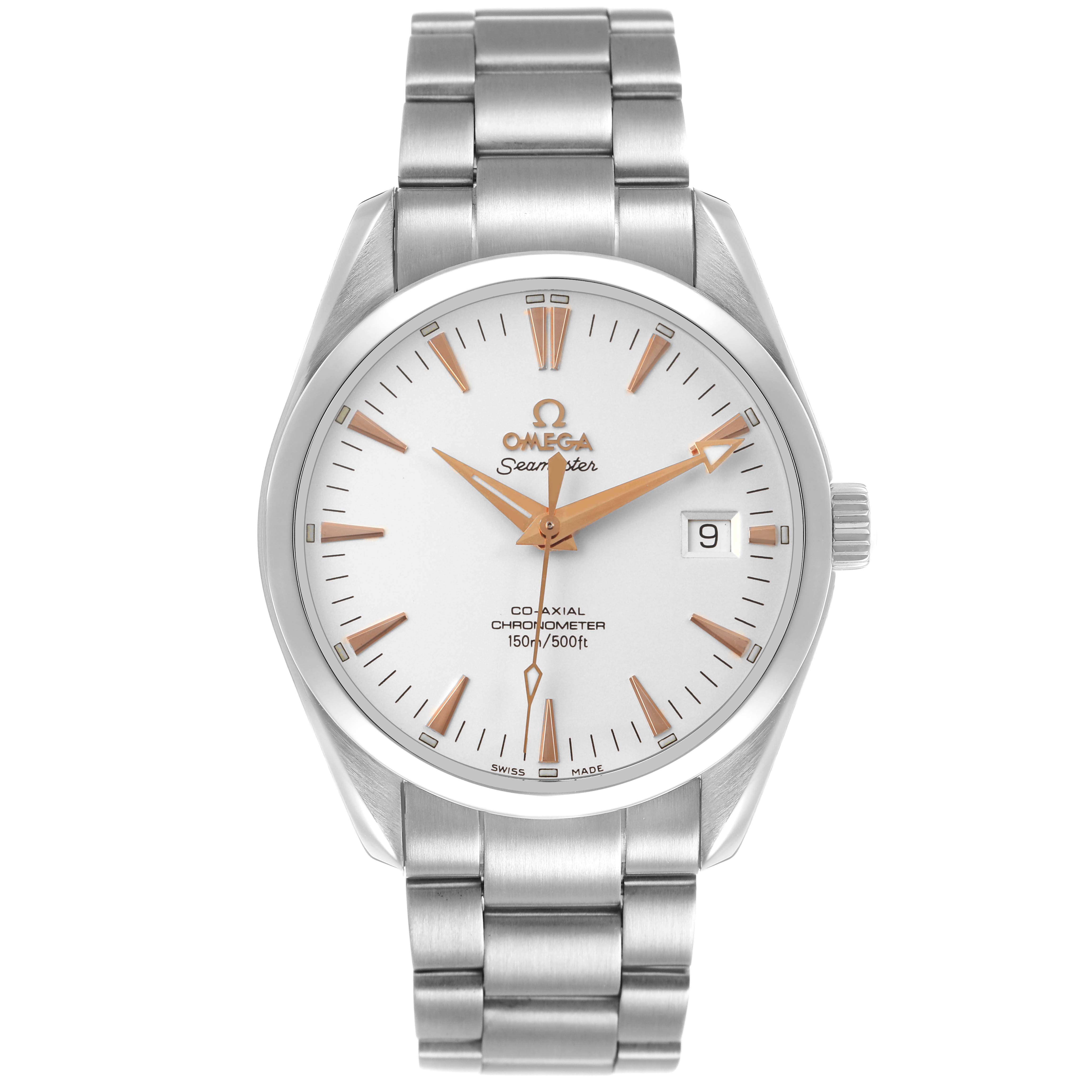 The Omega Seamaster 2503.34.00 Men's Stainless Steel White Dial watch is shown from a front angle, displaying the dial, case, bracelet, and crown.