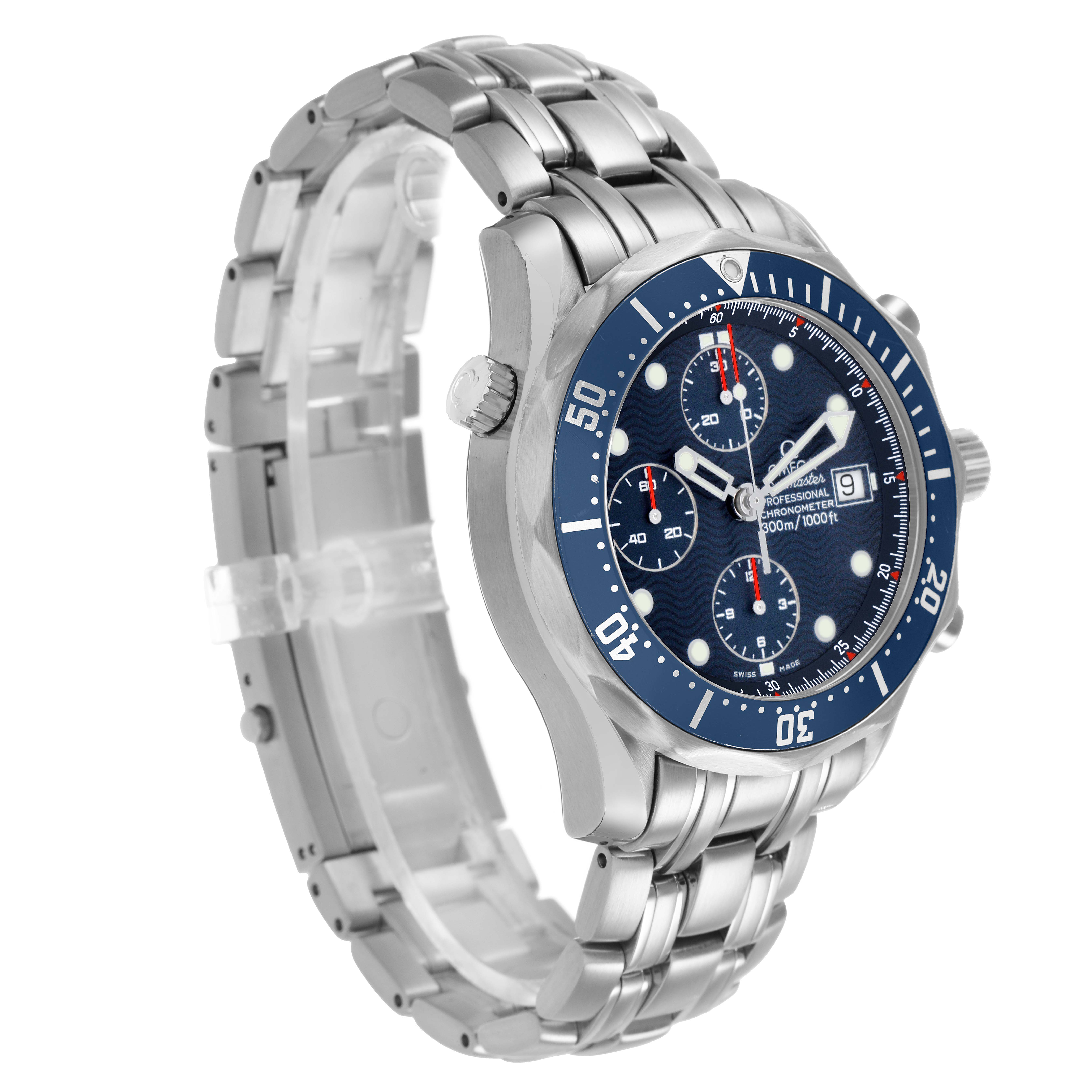 The Omega Seamaster 2599.80.00 Men's Stainless Steel Blue Dial watch is shown at a three-quarter angle, displaying the dial, bezel, crown, and part of the metal bracelet.
