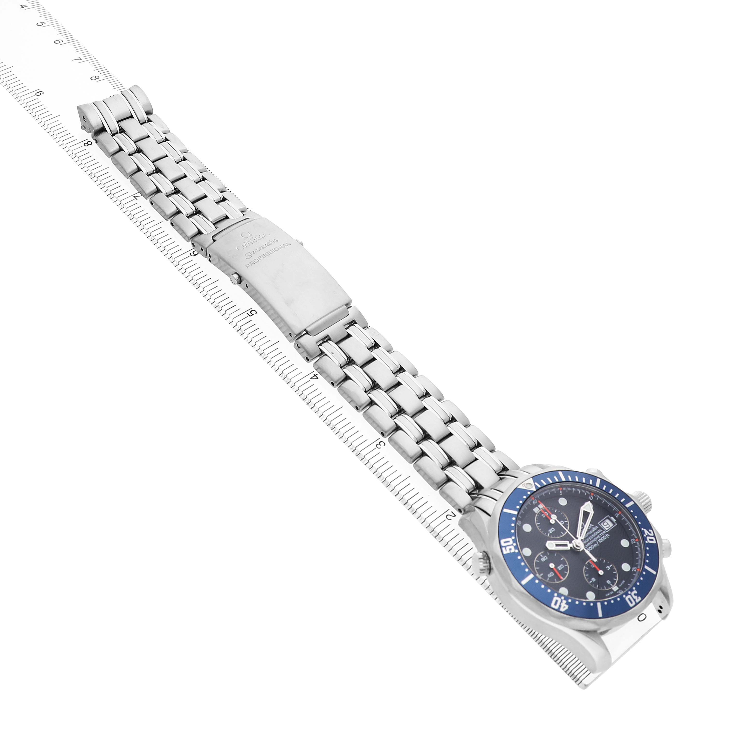 The Omega Seamaster 2599.80.00 Men's Stainless Steel Blue Dial watch is shown at an angled top-down view, displaying the stainless steel bracelet and blue bezel.