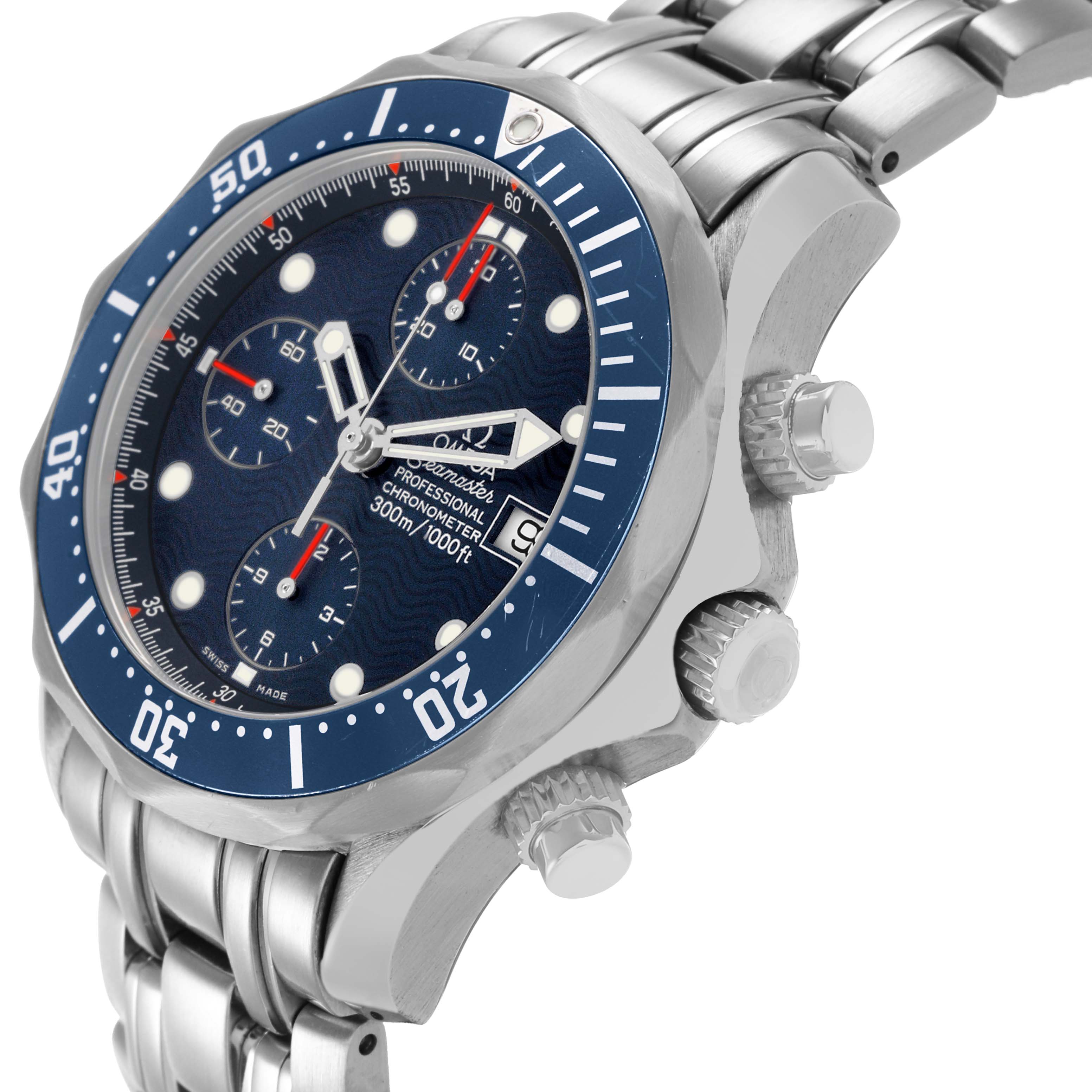 The Omega Seamaster 2599.80.00 Men's Stainless Steel Blue Dial watch is shown at an angled side view, highlighting the bezel, dial, crown, chronograph pushers, and metal bracelet.