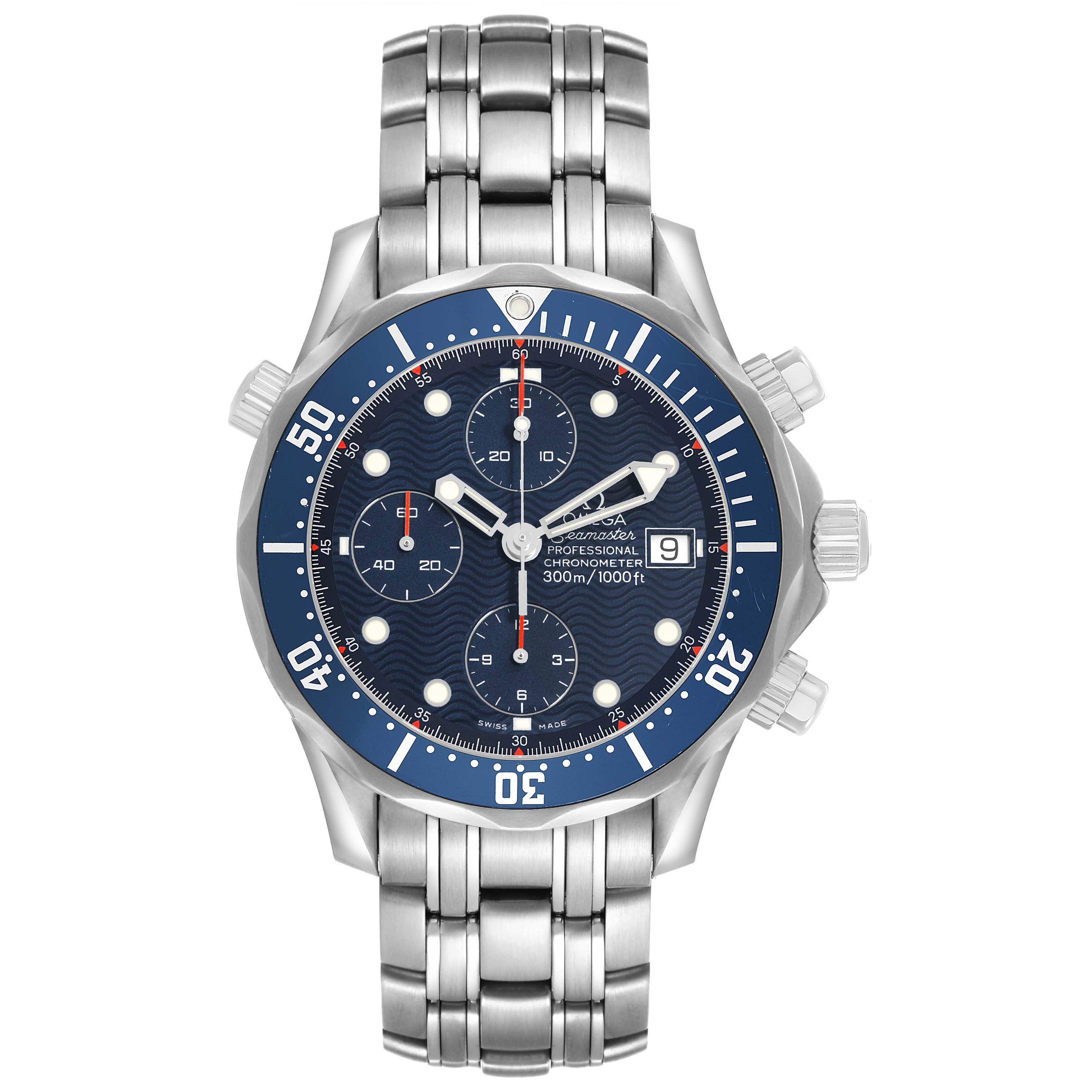 The image shows an Omega Seamaster 2599.80.00 Men's Stainless Steel Blue Dial watch from a front angle, highlighting its dial, bezel, bracelet, and chronograph features.