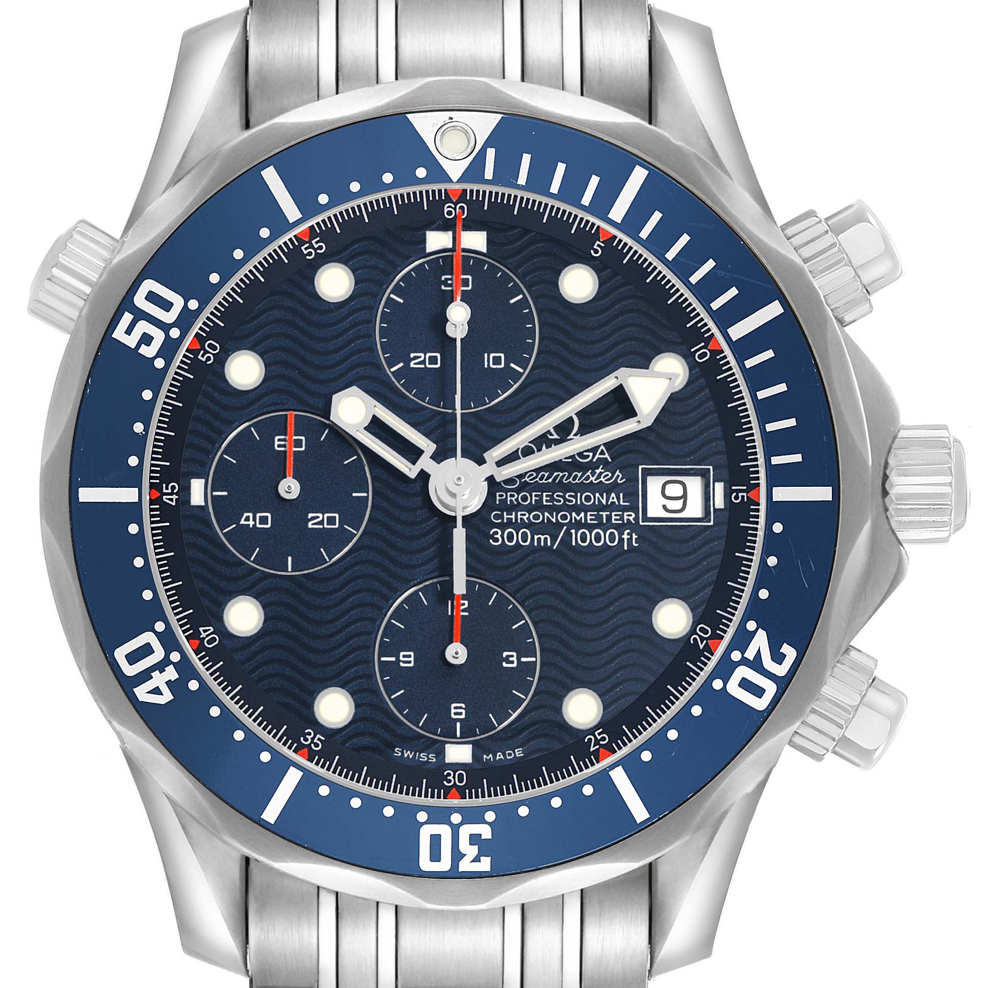 The Omega Seamaster 2599.80.00 Men's Stainless Steel Blue Dial watch is shown from the front, highlighting its dial, bezel, chronograph subdials, and stainless steel bracelet.