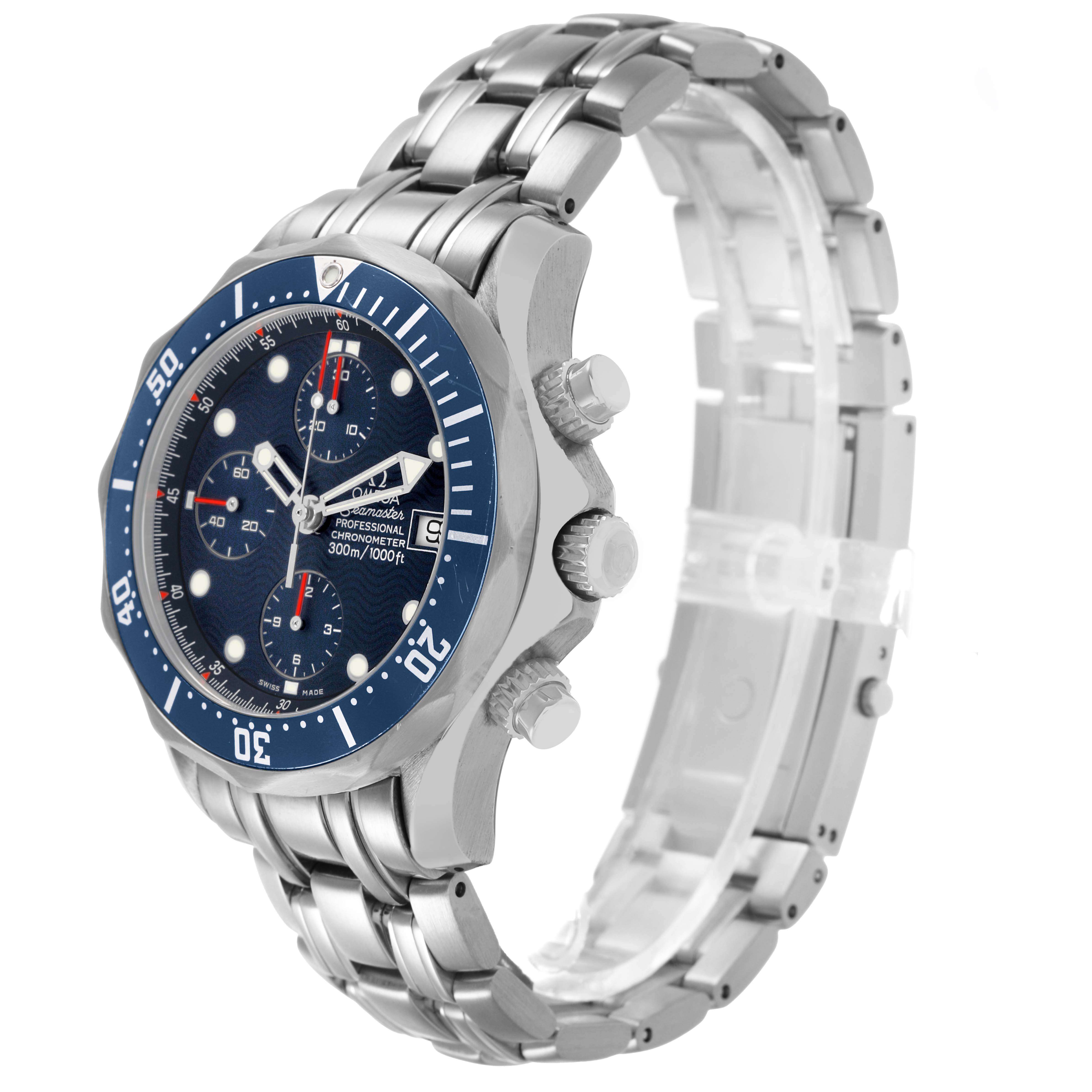 The Omega Seamaster 2599.80.00 Men's Stainless Steel Blue Dial watch is shown at a three-quarter angle, highlighting its blue dial, bezel, and stainless steel bracelet.