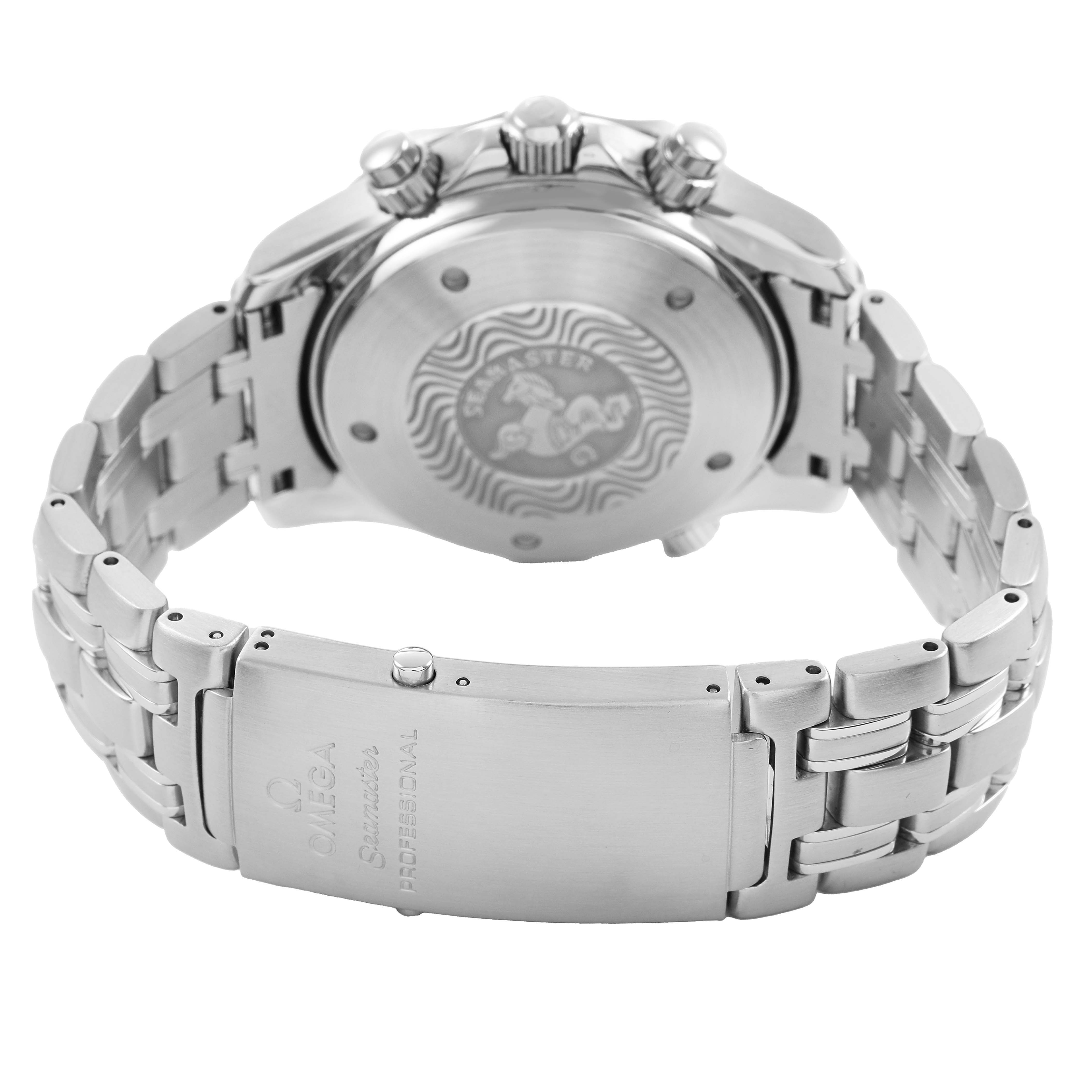 The image shows the back view of the Omega Seamaster 2599.80.00 Men's Stainless Steel Blue Dial, highlighting the clasp, bracelet, and case back with engravings.