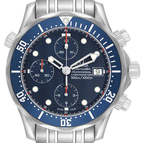 The Omega Seamaster 2599.80.00 Men's Stainless Steel Blue Dial watch is shown from the front, displaying its blue dial, chronograph subdials, bezel, crown, and pushers.