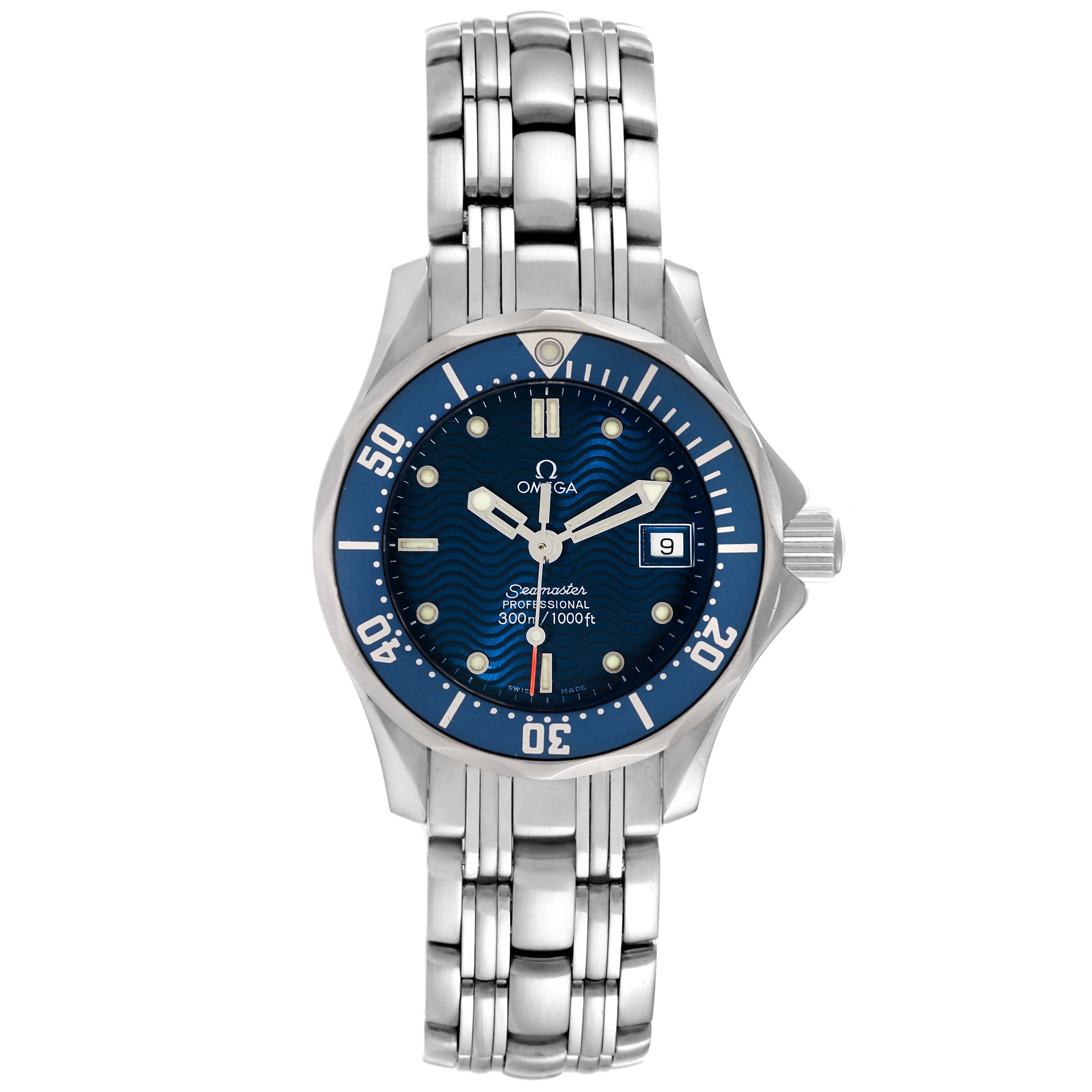 The Omega 2583.80.00 Women's Stainless Steel Blue Dial 2583.80.00 Women's Stainless Steel Blue Dial Seamaster Diver 300M 28mm Steel Ladies Watch 2583.80.00 is shown from a top-down angle, displaying the face and bracelet.