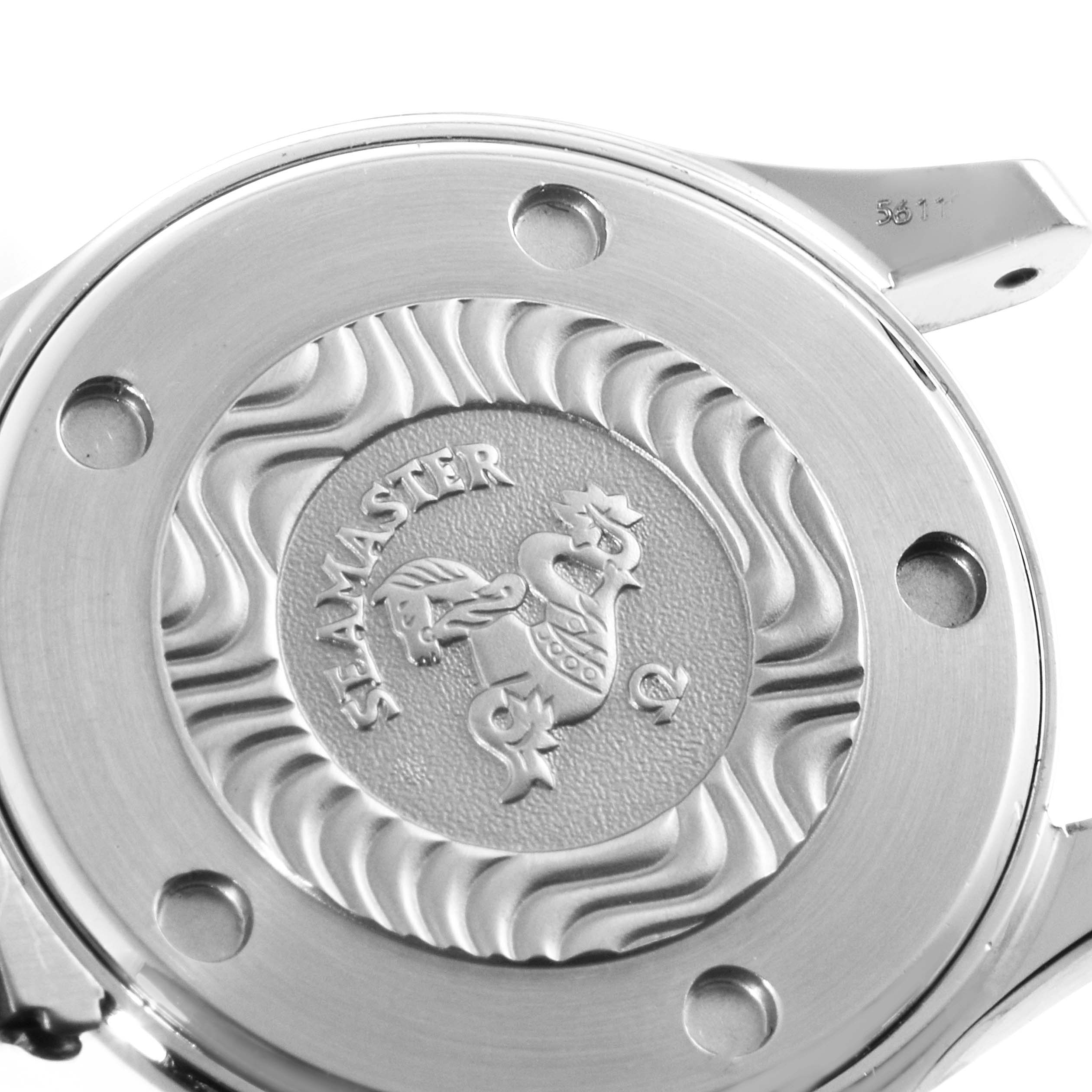 The image shows a close-up view of the case back of the Omega 2583.80.00 Women's Stainless Steel Blue Dial 2583.80.00 Women's Stainless Steel Blue Dial Seamaster Diver 300M 28mm Steel Ladies Watch 2583.80.00.