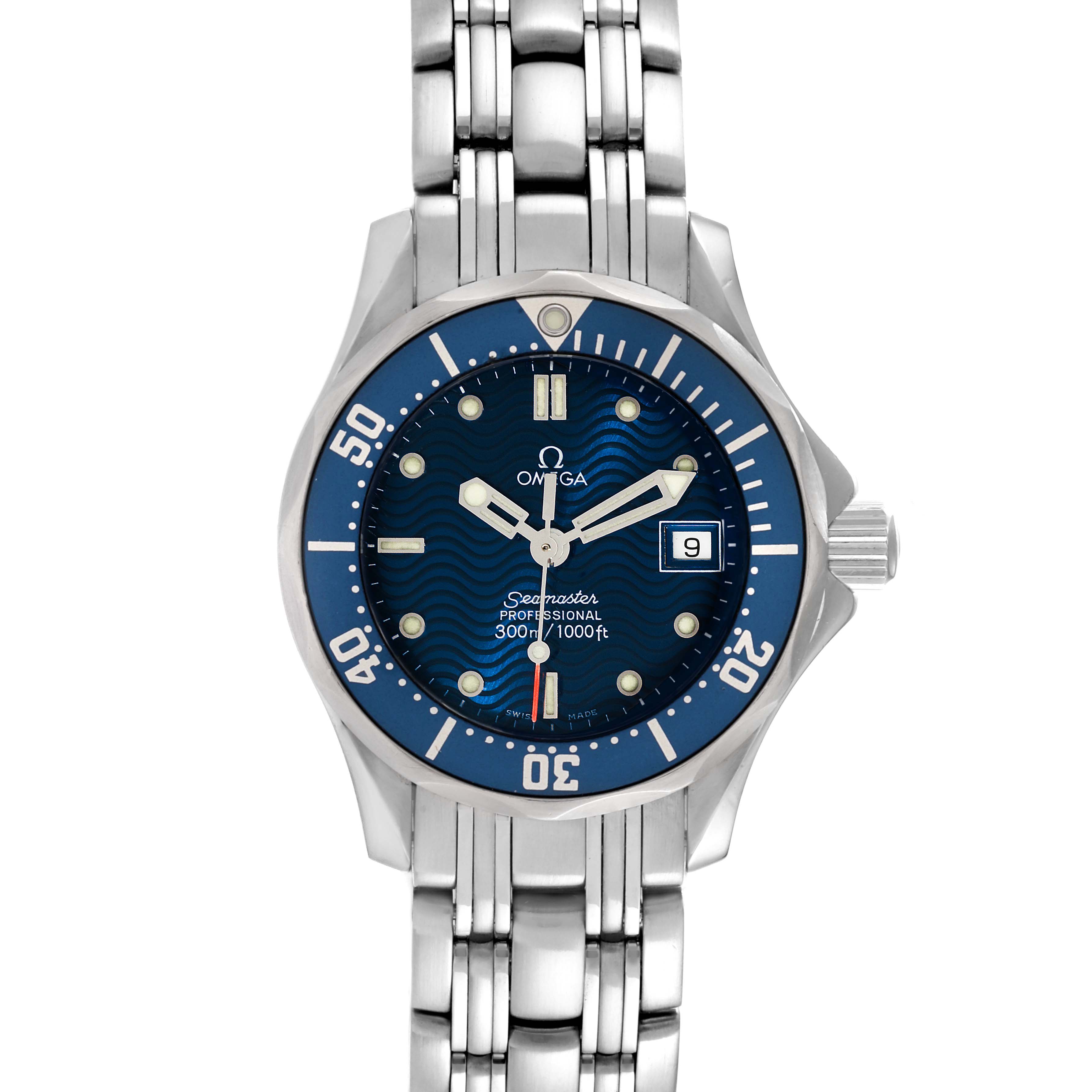The Omega 2583.80.00 Women's Stainless Steel Blue Dial 2583.80.00 Women's Stainless Steel Blue Dial Seamaster Diver 300M 28mm Steel Ladies Watch 2583.80.00 is shown from a front angle, displaying the face, bezel, and bracelet.