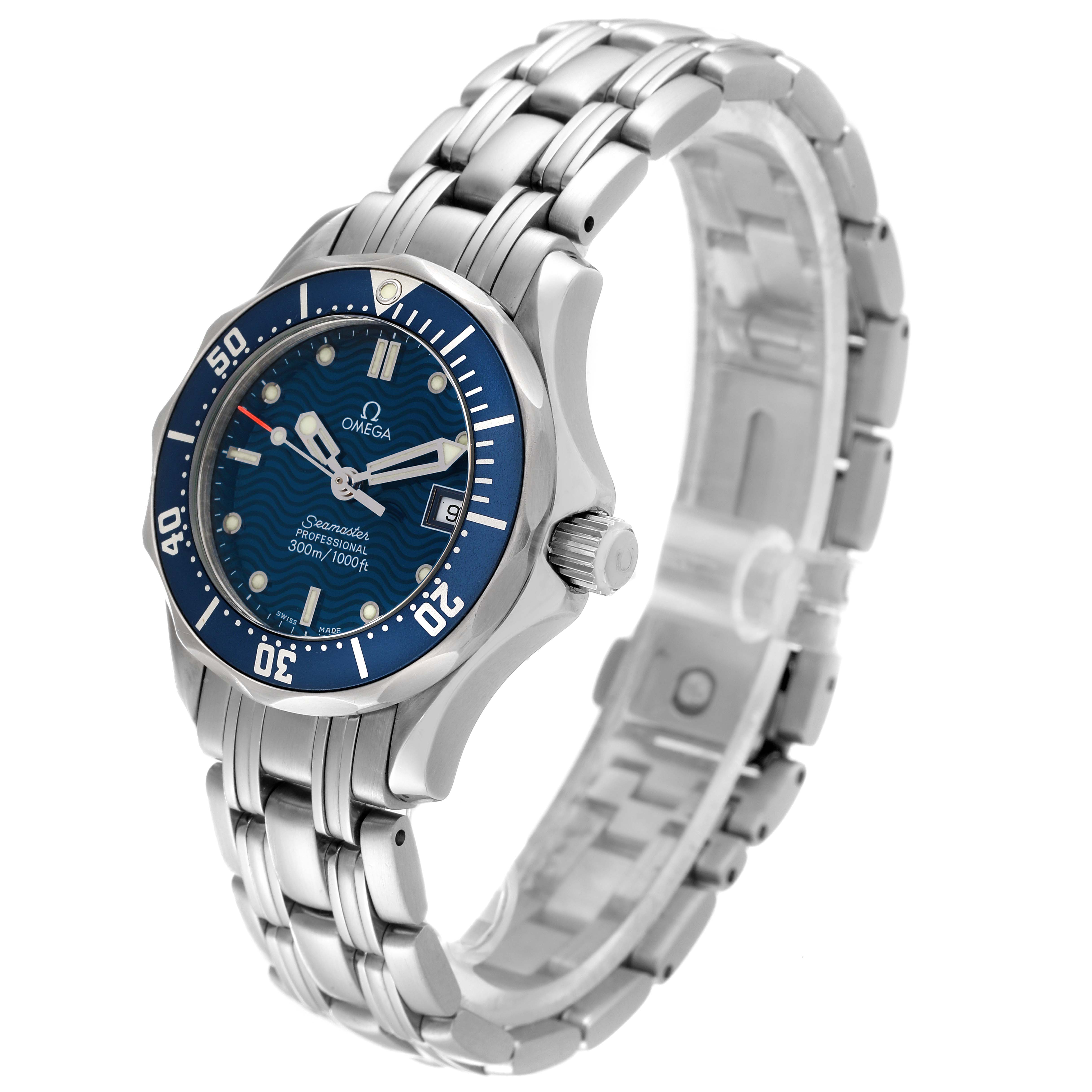 The image shows an angled side view of the face, bezel, crown, and metal bracelet of the Omega 2583.80.00 Women's Stainless Steel Blue Dial 2583.80.00 Women's Stainless Steel Blue Dial Seamaster Diver 300M 28mm Steel Ladies Watch 2583.80.00.