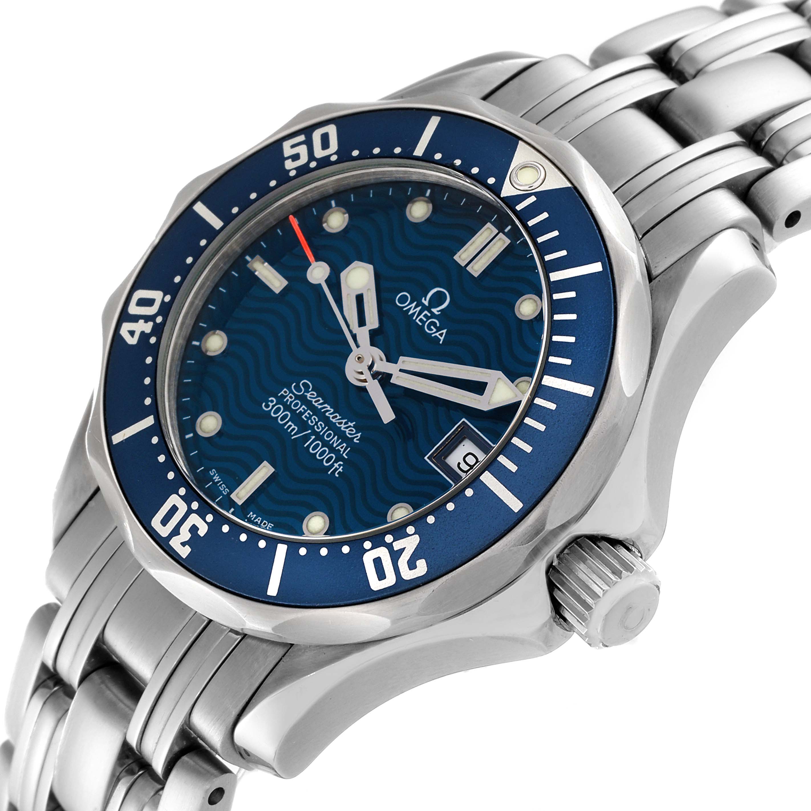 The image shows an angled view of the Omega 2583.80.00 Women's Stainless Steel Blue Dial 2583.80.00 Women's Stainless Steel Blue Dial Seamaster Diver 300M 28mm Steel Ladies Watch 2583.80.00, focusing on the dial, bezel, and bracelet.