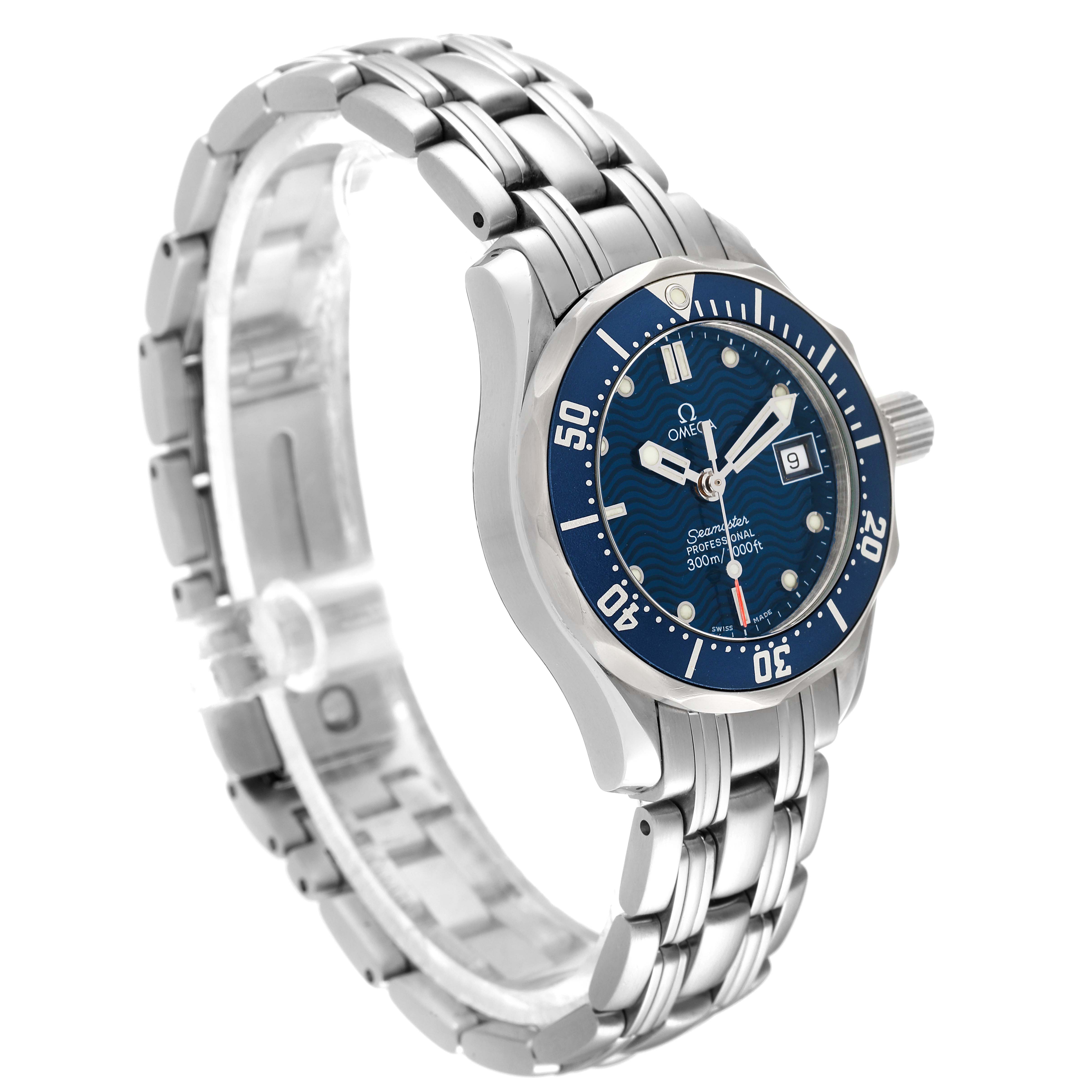 The image shows a front angled view of the Omega 2583.80.00 Women's Stainless Steel Blue Dial 2583.80.00 Women's Stainless Steel Blue Dial Seamaster Diver 300M 28mm Steel Ladies Watch 2583.80.00, highlighting the dial and bracelet.