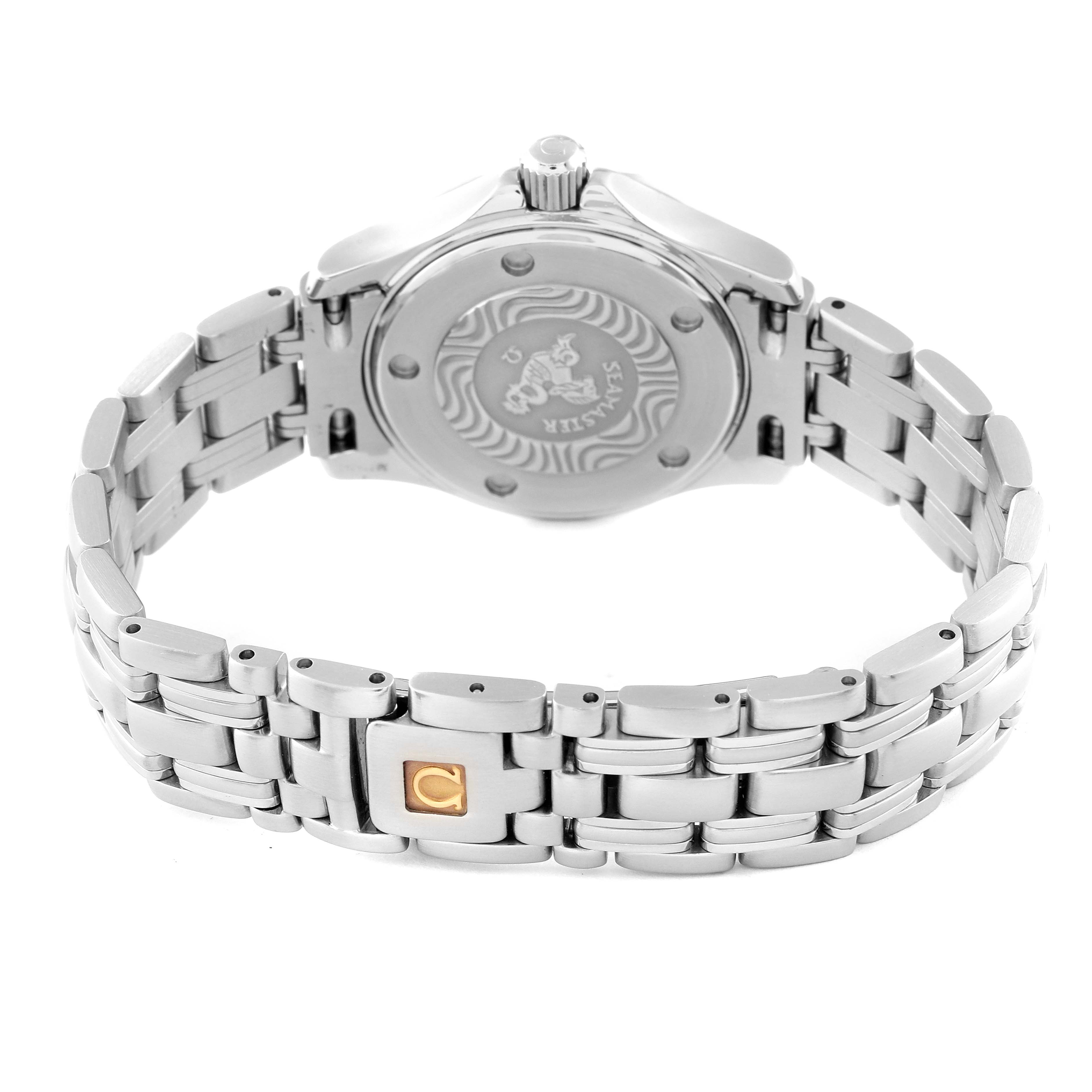 This image shows the back case and bracelet of the Omega 2583.80.00 Women's Stainless Steel Blue Dial 2583.80.00 Women's Stainless Steel Blue Dial Seamaster Diver 300M 28mm Steel Ladies Watch 2583.80.00.