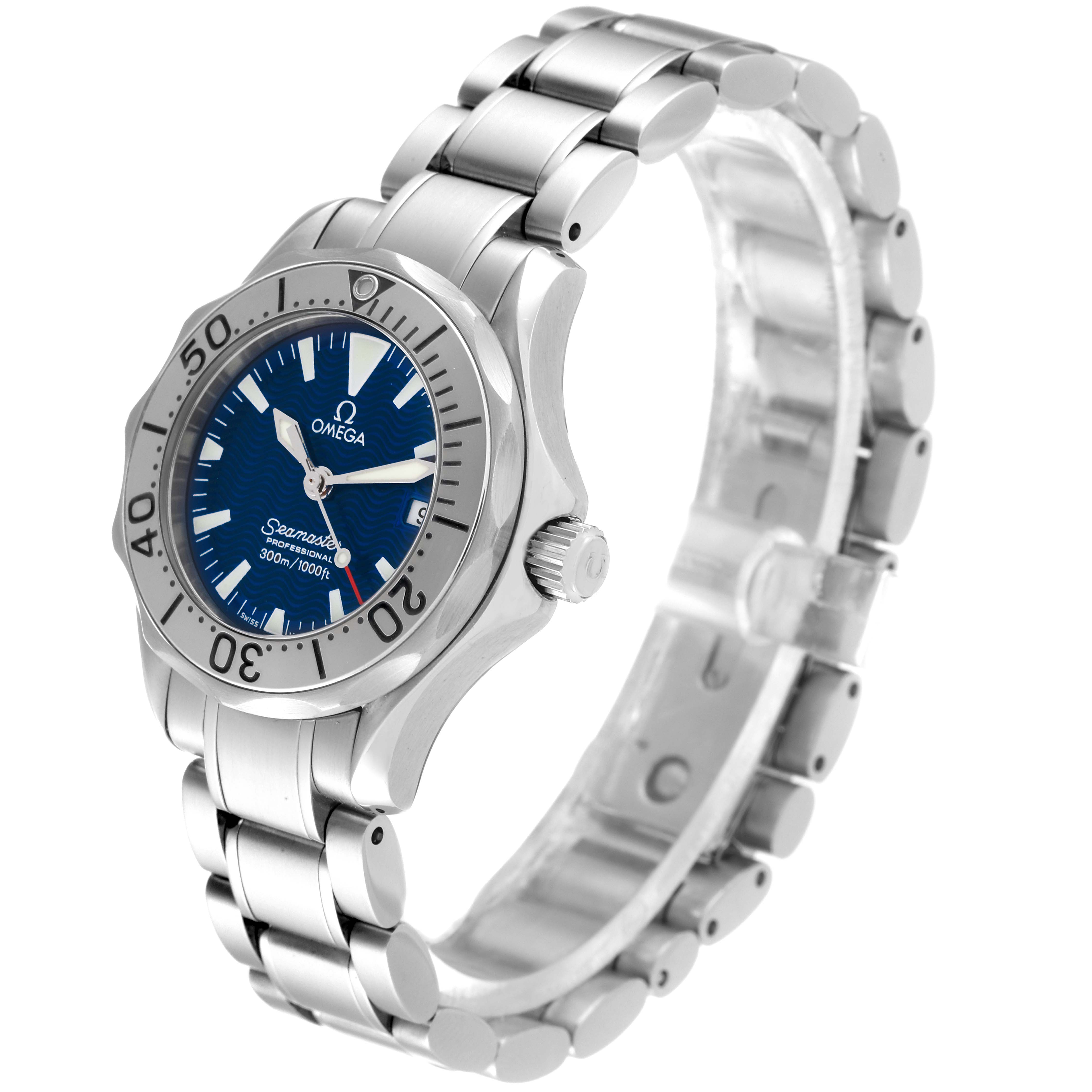 The image shows an Omega 2285.80.00 Women's Stainless Steel Blue Dial 2285.80.00 Women's Stainless Steel Blue Dial Seamaster Diver 300M Quartz 28mm Steel Ladies Watch (model 2285.80.00) at a three-quarter angle.