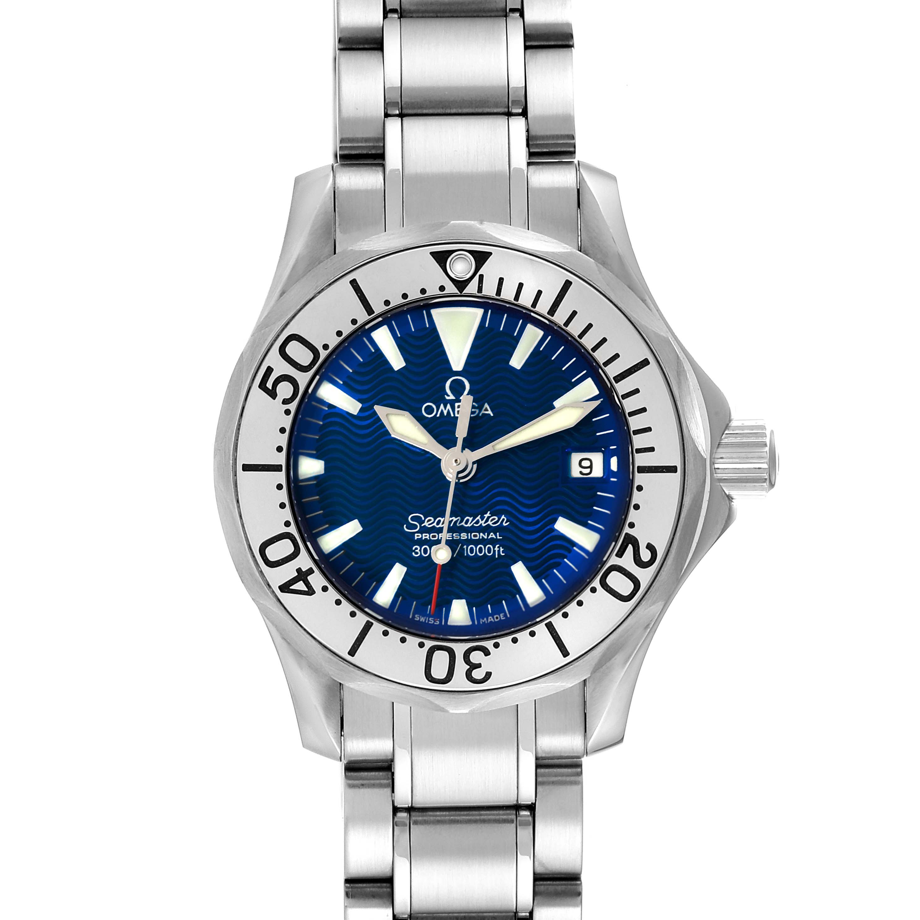 The image shows a frontal view of the Omega 2285.80.00 Women's Stainless Steel Blue Dial 2285.80.00 Women's Stainless Steel Blue Dial Seamaster Diver 300M Quartz 28mm Steel Ladies Watch 2285.80.00, displaying the dial and bracelet.