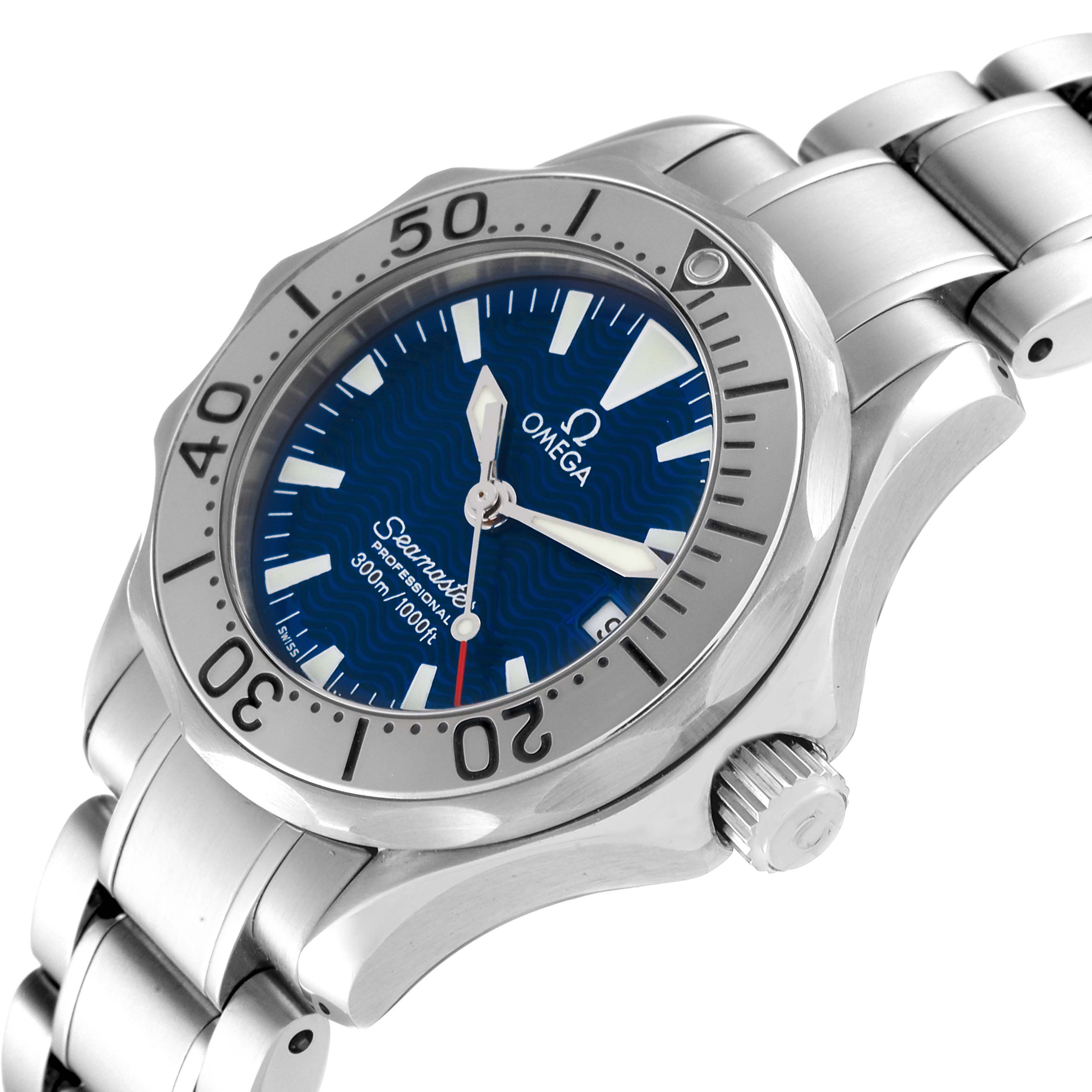 The image shows a close-up angled view of the Omega 2285.80.00 Women's Stainless Steel Blue Dial 2285.80.00 Women's Stainless Steel Blue Dial Seamaster Diver 300M Quartz 28mm Steel Ladies Watch 2285.80.00, highlighting the face and bezel.