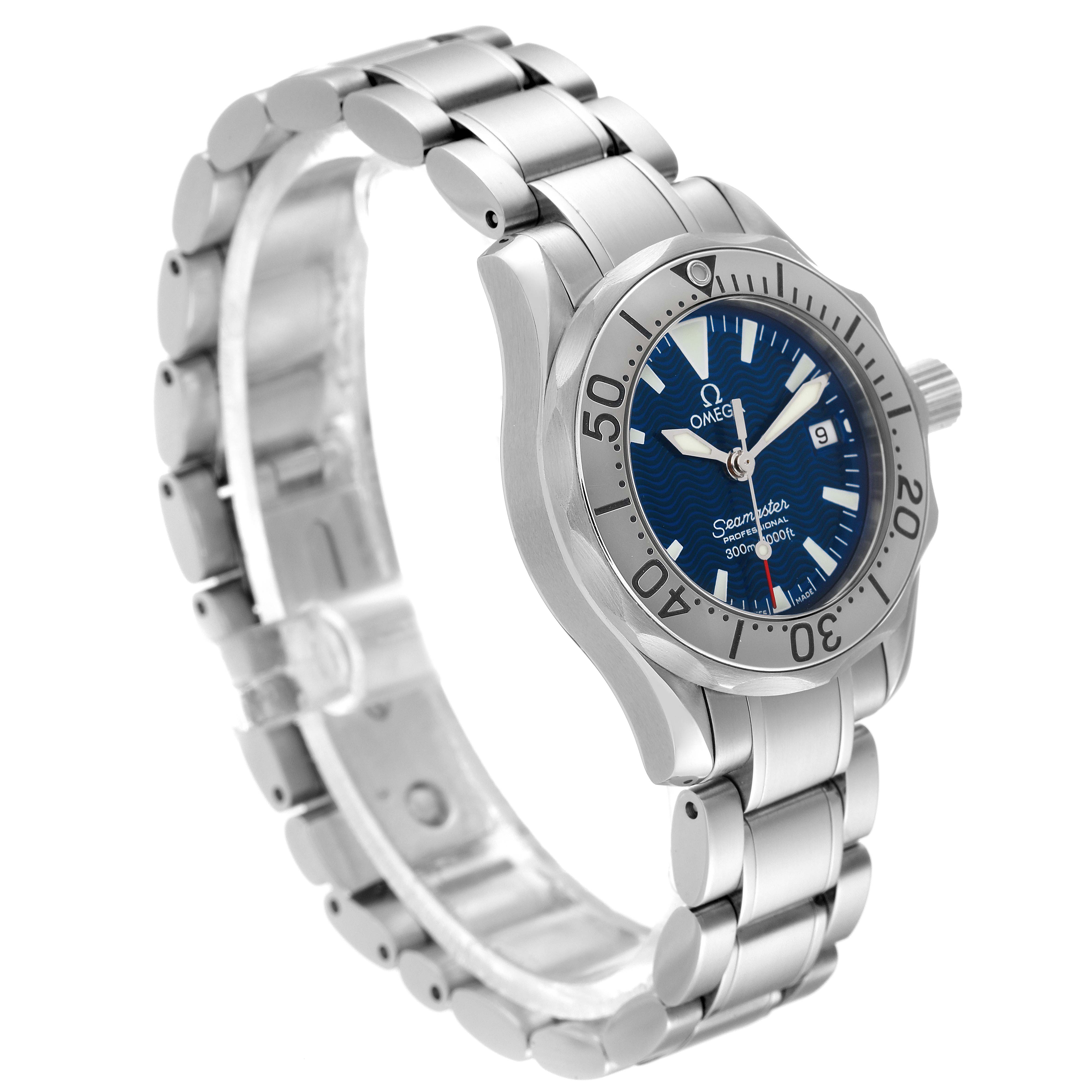 The Omega 2285.80.00 Women's Stainless Steel Blue Dial 2285.80.00 Women's Stainless Steel Blue Dial Seamaster Diver 300M Quartz 28mm Steel Ladies Watch 2285.80.00 is shown at an angled view, displaying its face, bezel, and bracelet.