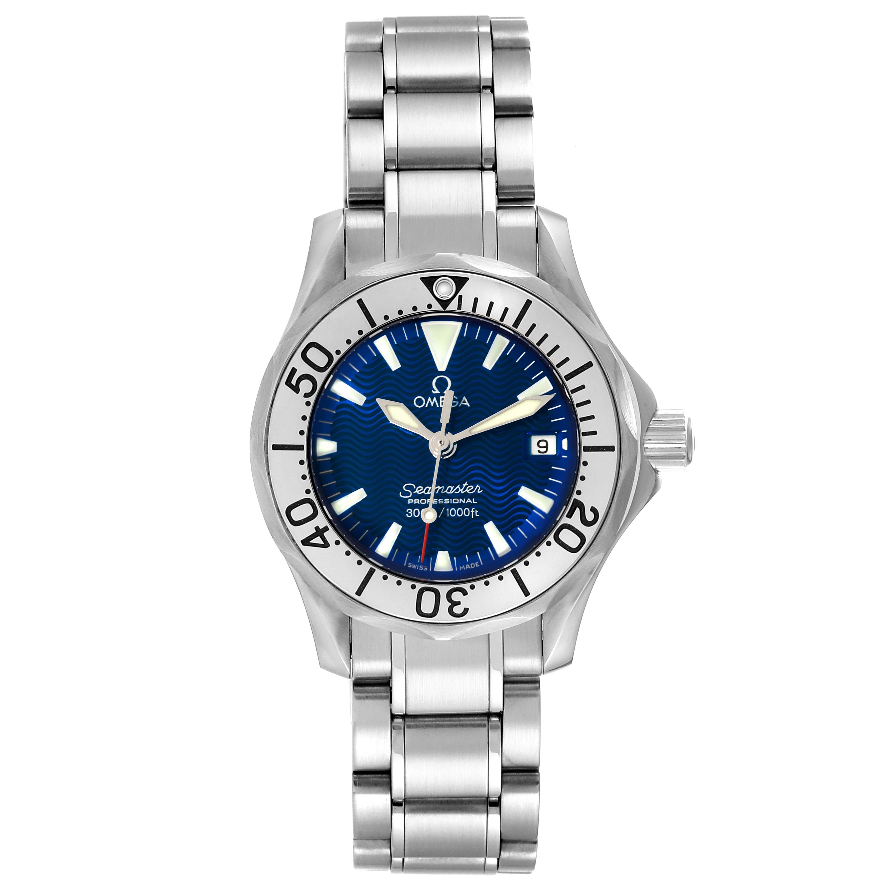 The Omega 2285.80.00 Women's Stainless Steel Blue Dial 2285.80.00 Women's Stainless Steel Blue Dial Seamaster Diver 300M Quartz 28mm Steel Ladies Watch 2285.80.00 is shown from a front angle, displaying its face and bracelet.