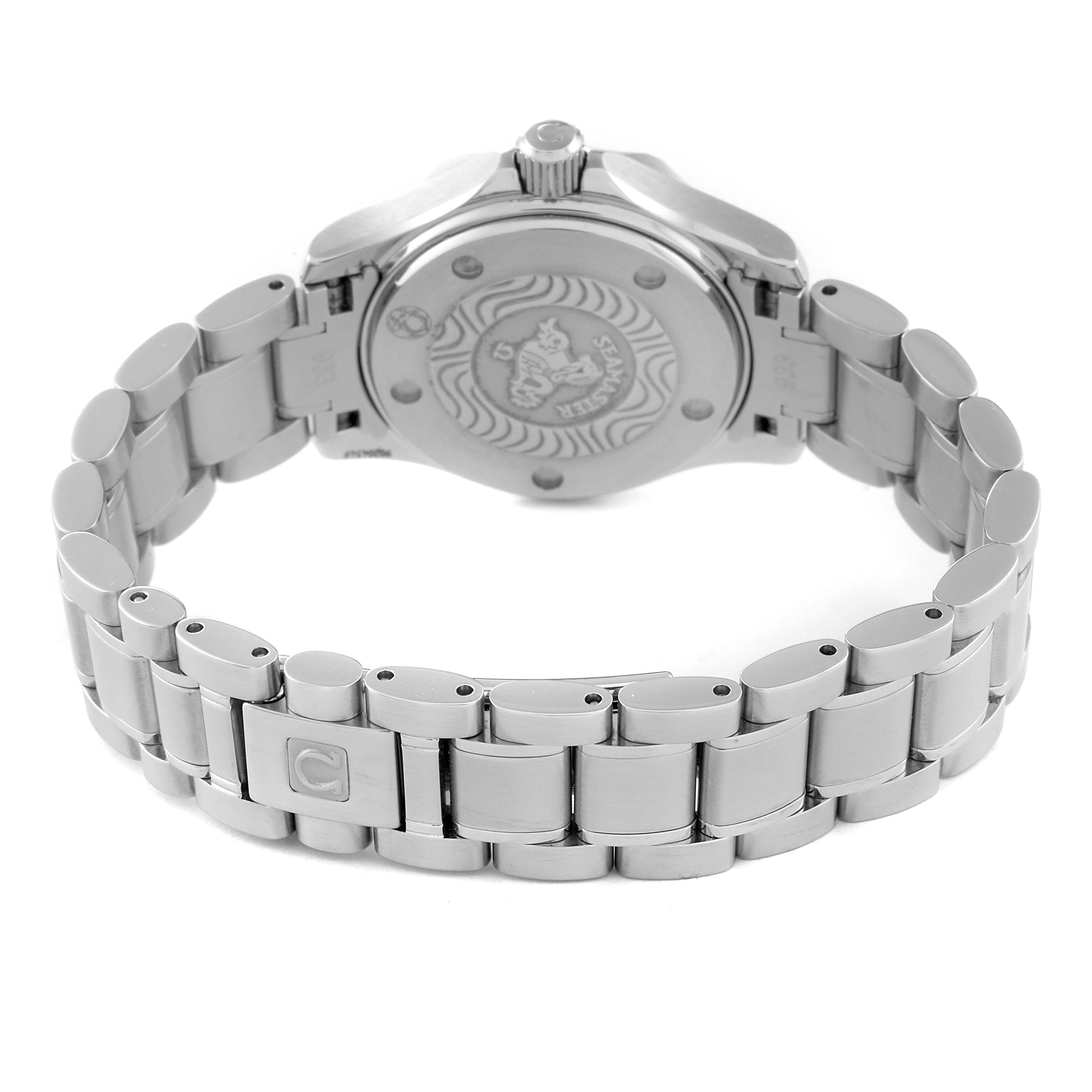 The image shows the back case and bracelet of the Omega 2285.80.00 Women's Stainless Steel Blue Dial 2285.80.00 Women's Stainless Steel Blue Dial Seamaster Diver 300M Quartz 28mm Steel Ladies Watch 2285.80.00 at a rear angle.